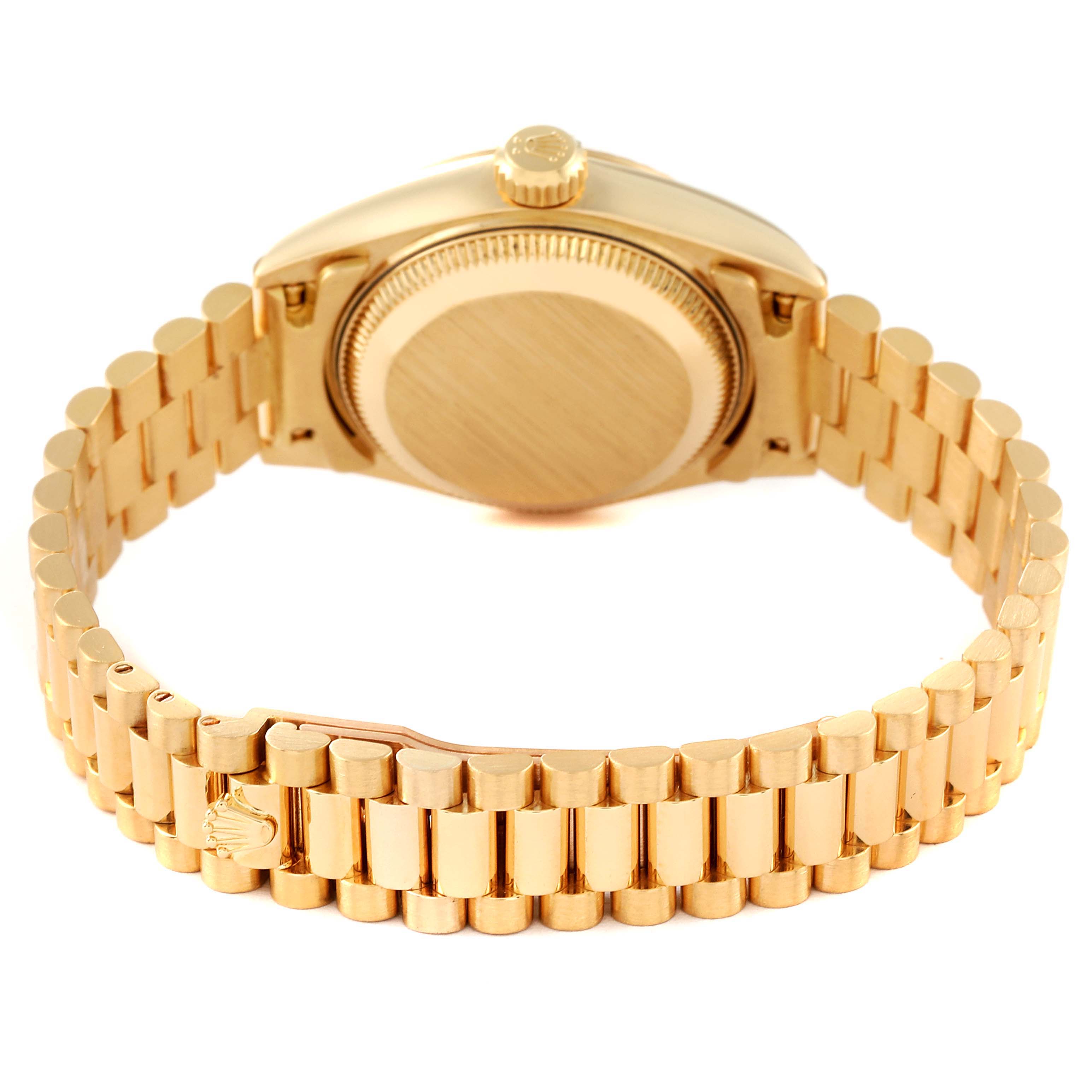 This image shows the back and bracelet clasp of a Rolex President 69178 Women's Yellow Gold Champagne Dial 69178 Women's Yellow Gold Champagne Dial model watch, viewed from a rear angle.