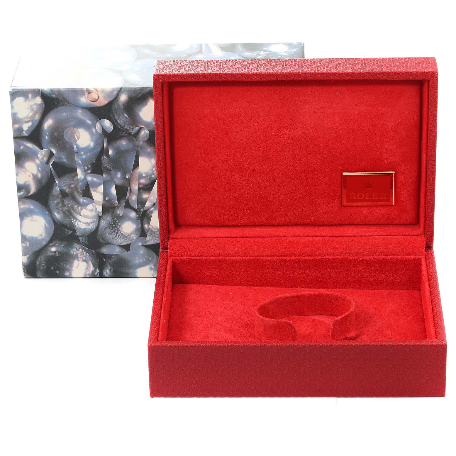 The image shows a red Rolex watch box for the President model, with the box open and the inner padding visible.