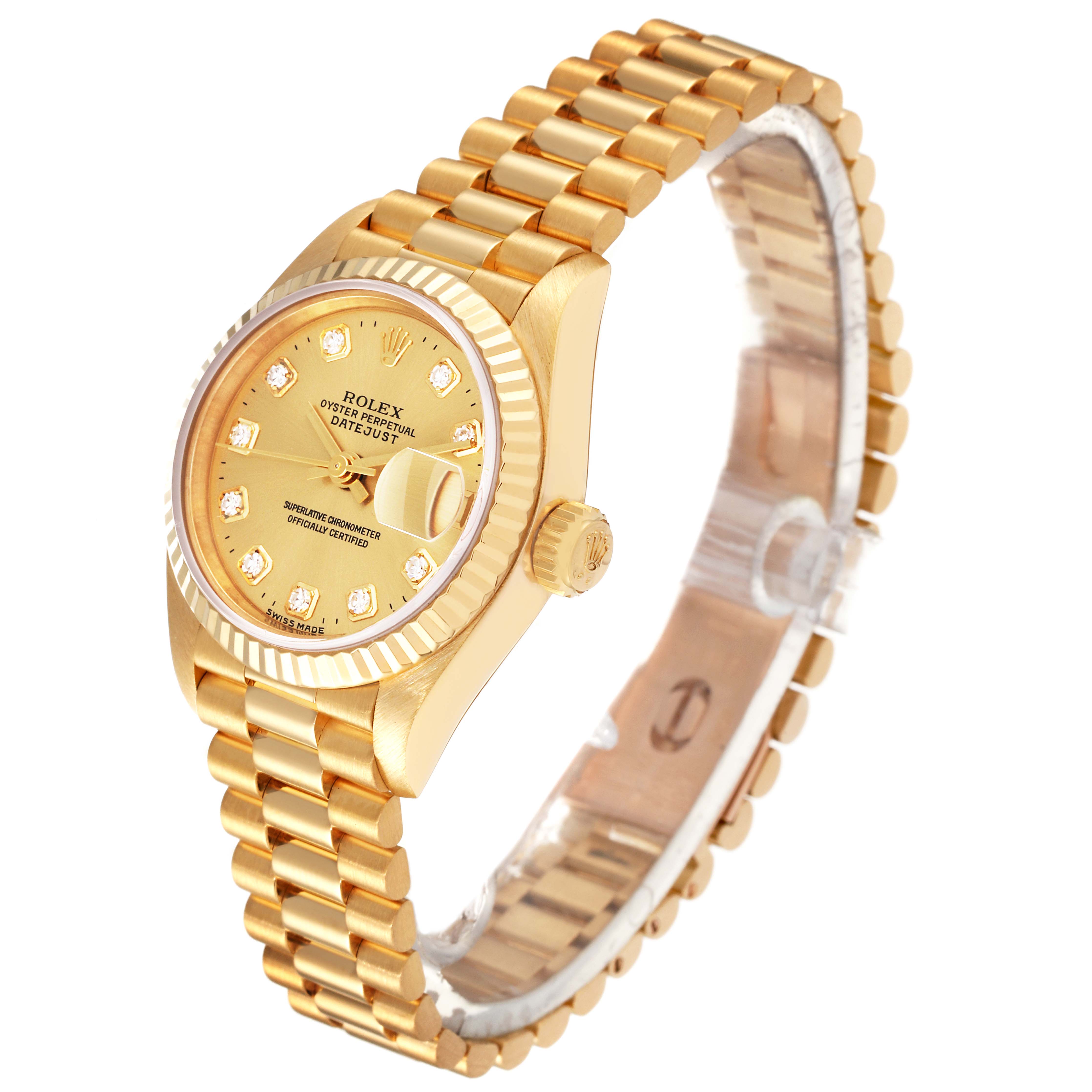 This Rolex President 69178 Women's Yellow Gold Champagne Dial 69178 Women's Yellow Gold Champagne Dial model is shown at a three-quarter angle, highlighting the dial, case, bracelet, and crown.