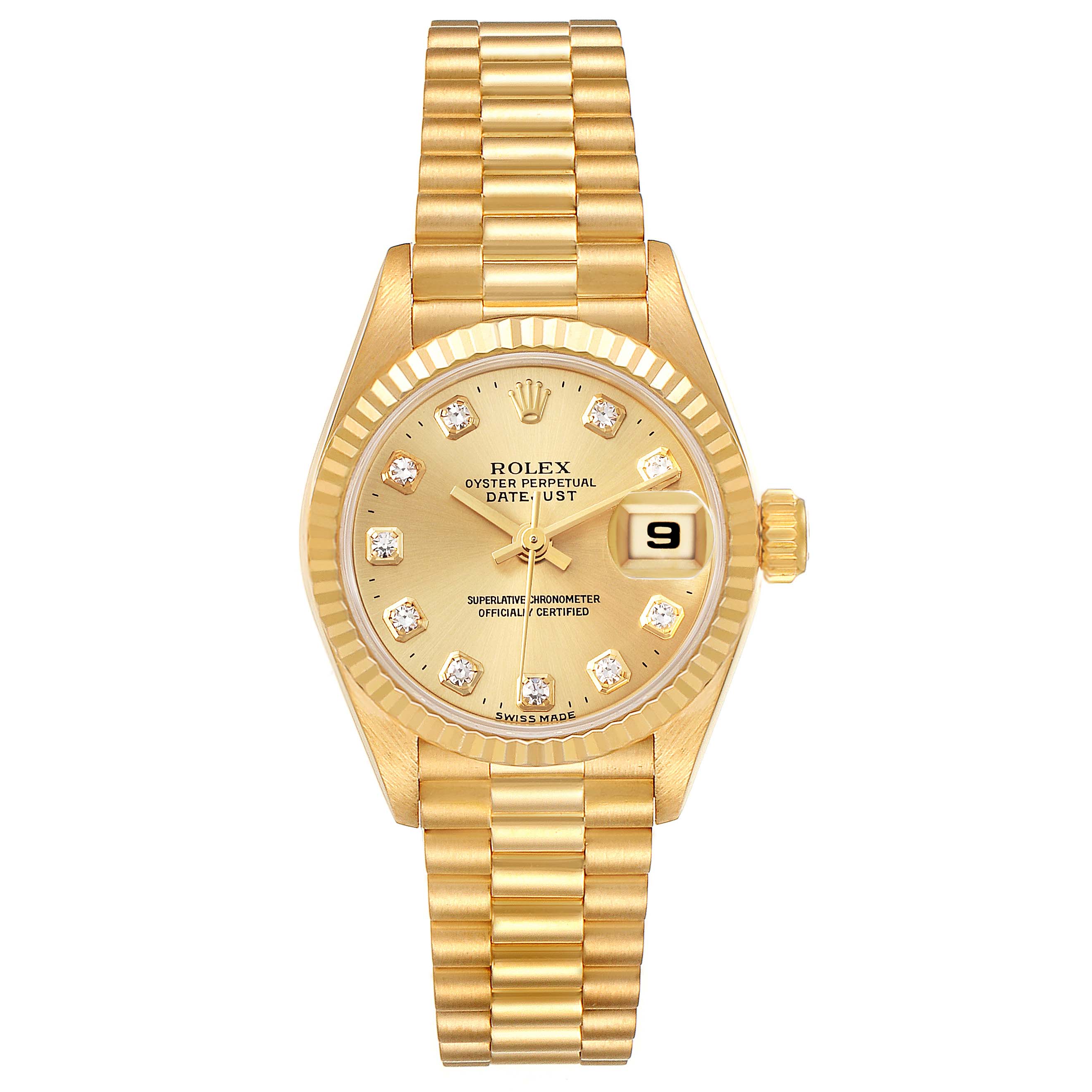 The image shows a front view of a Rolex President 69178 Women's Yellow Gold Champagne Dial 69178 Women's Yellow Gold Champagne Dial model watch, featuring the dial, hands, date window, and band.