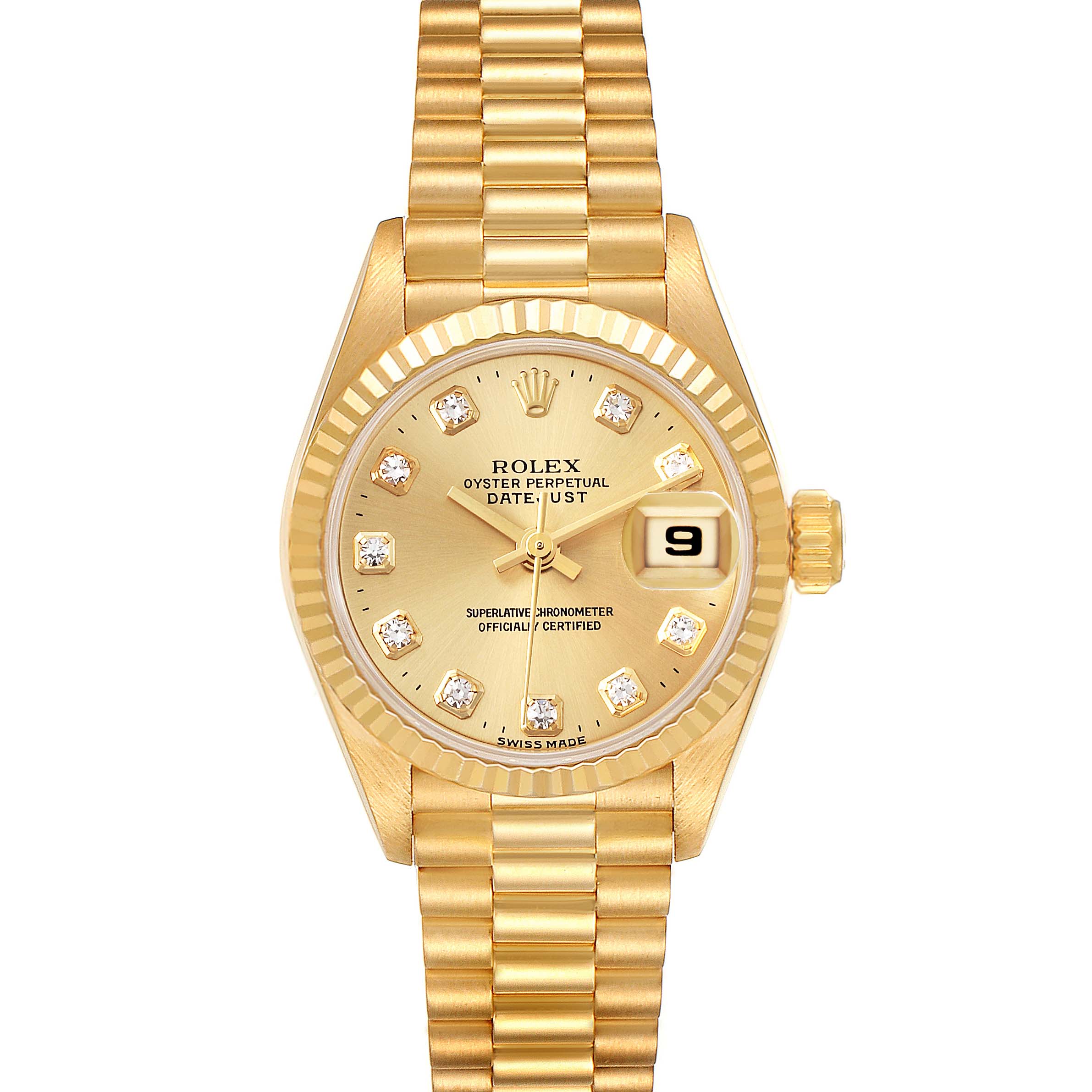 The image showcases a frontal view of the Rolex President 69178 Women's Yellow Gold Champagne Dial 69178 Women's Yellow Gold Champagne Dial model watch, highlighting its gold band, dial, and date display.