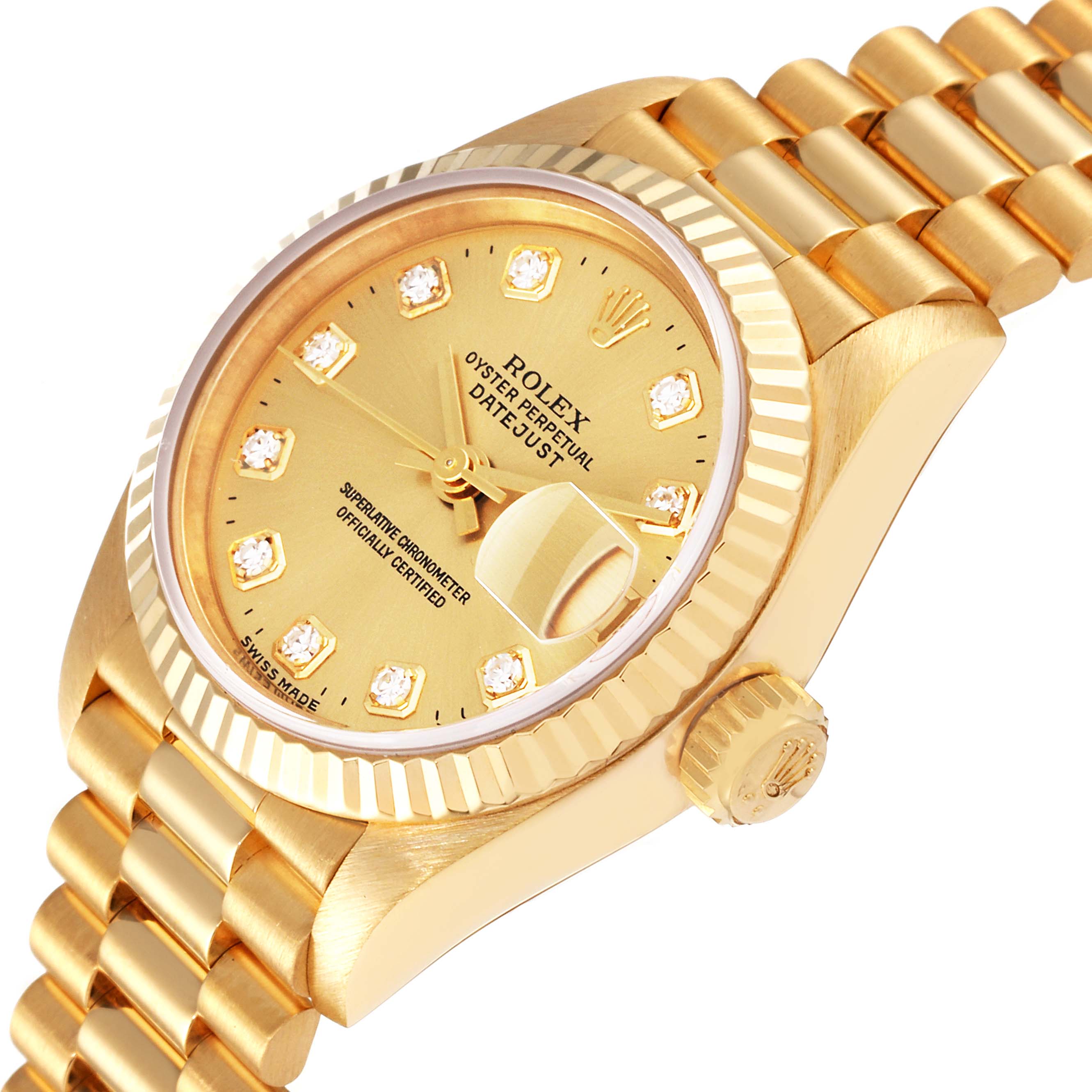 The image shows a close-up of a Rolex President 69178 Women's Yellow Gold Champagne Dial 69178 Women's Yellow Gold Champagne Dial model watch, highlighting its gold dial, diamond markers, fluted bezel, and part of the bracelet.