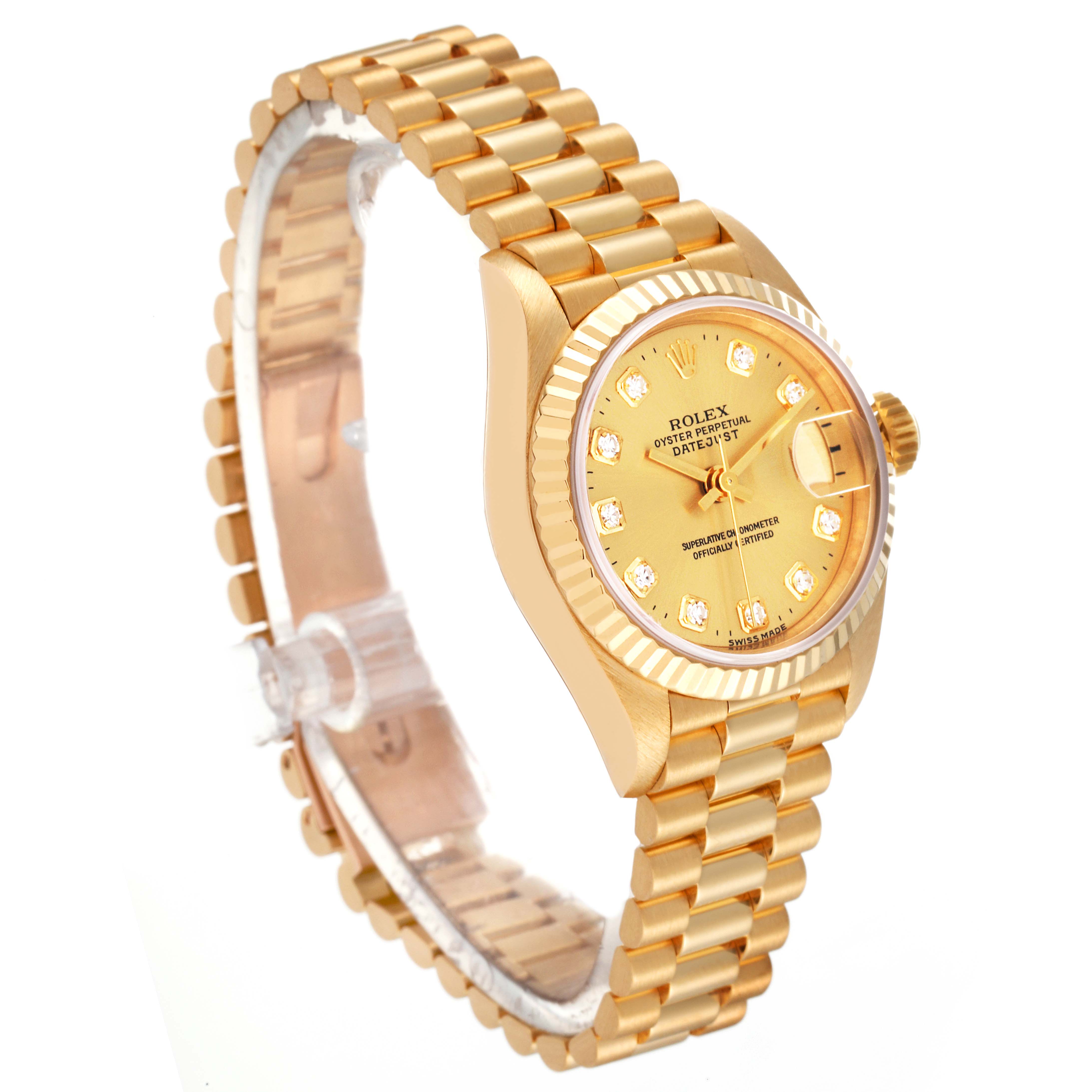 The image shows a Rolex President 69178 Women's Yellow Gold Champagne Dial 69178 Women's Yellow Gold Champagne Dial model watch from a side angle, displaying the dial, bezel, and bracelet.