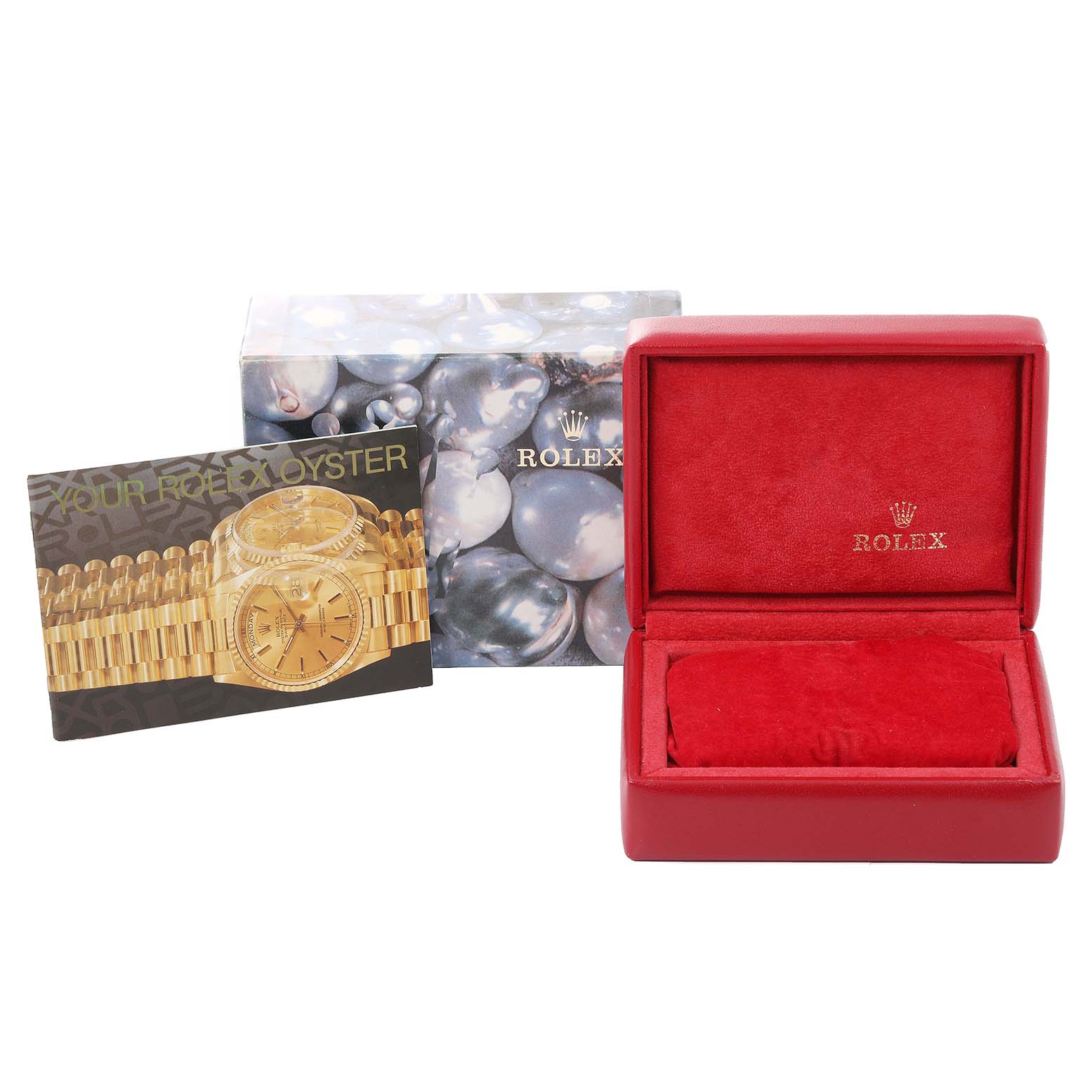 The image shows a Rolex President 69178 Women
s Yellow Gold Champagne Dial 69178 Women
s Yellow Gold Champagne Dial watch box, outer packaging, and a booklet, all viewed from the front.