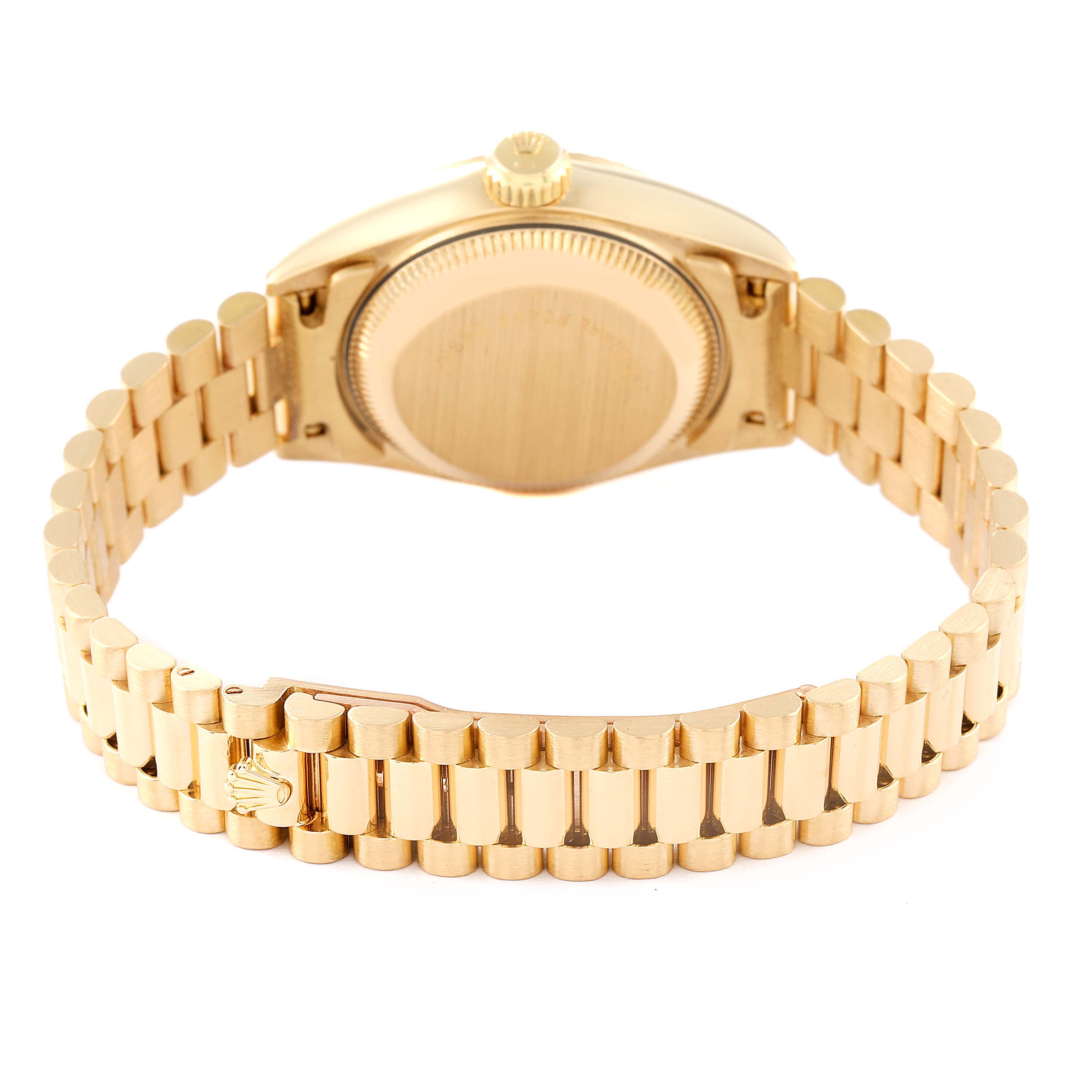 This image shows the backside and bracelet of a Rolex President 69178 Women
s Yellow Gold Champagne Dial 69178 Women
s Yellow Gold Champagne Dial model watch, highlighting the clasp and case back.