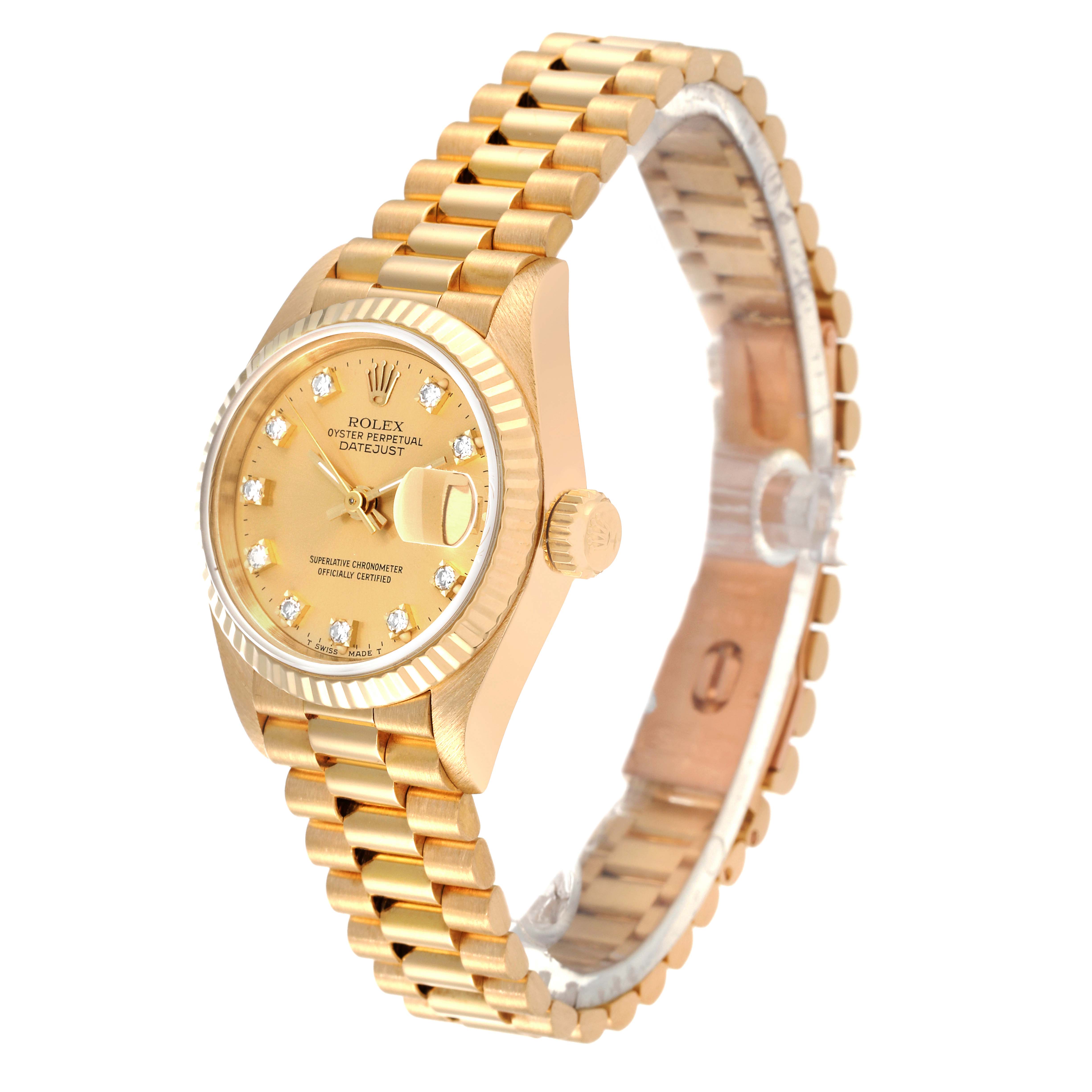 The image shows a gold Rolex President 69178 Women
s Yellow Gold Champagne Dial 69178 Women
s Yellow Gold Champagne Dial model watch at an angled view, displaying its bracelet, bezel, dial, and crown.