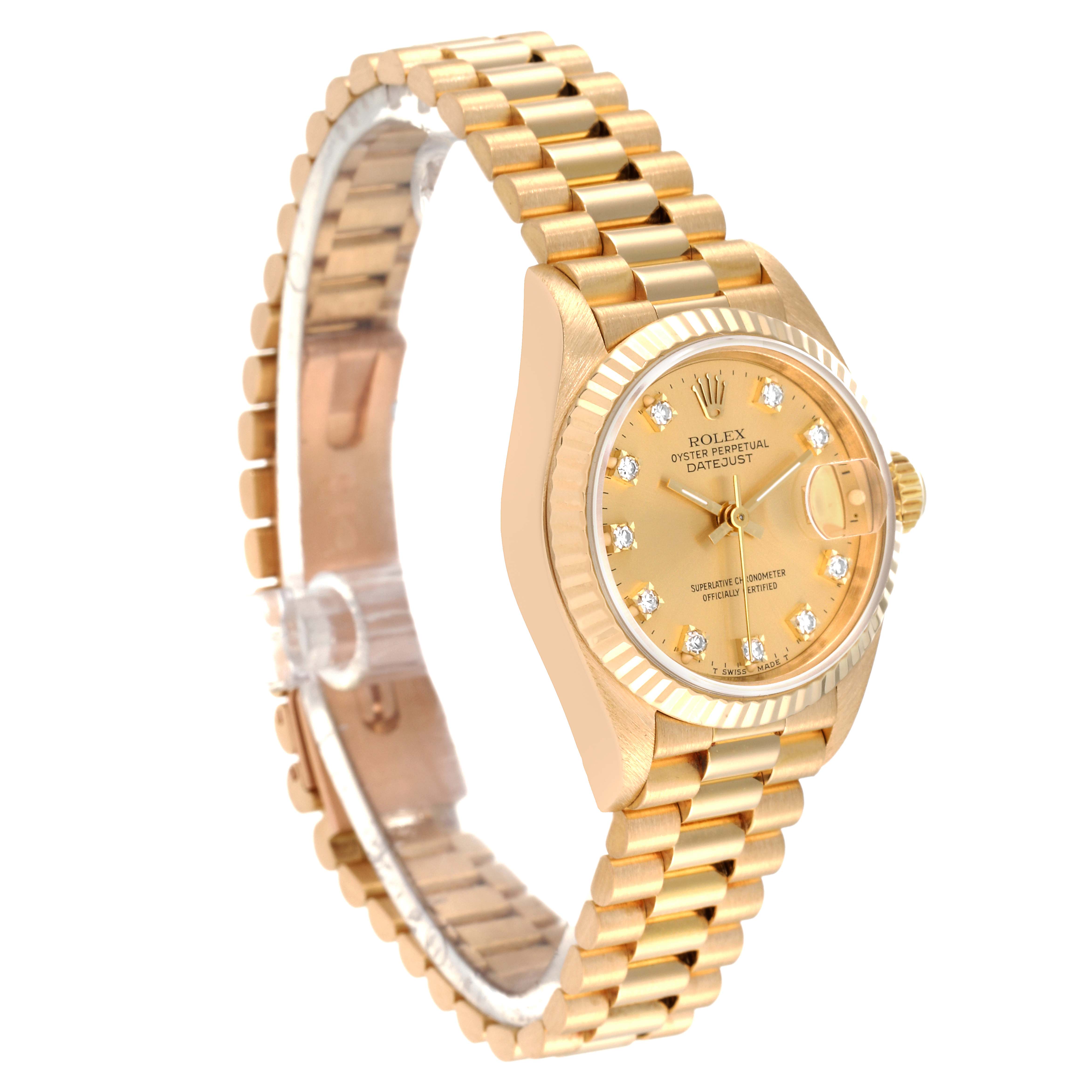 The image shows a side and slightly angled view of a Rolex President 69178 Women
s Yellow Gold Champagne Dial 69178 Women
s Yellow Gold Champagne Dial model watch, highlighting its gold bracelet and diamond-accented face.