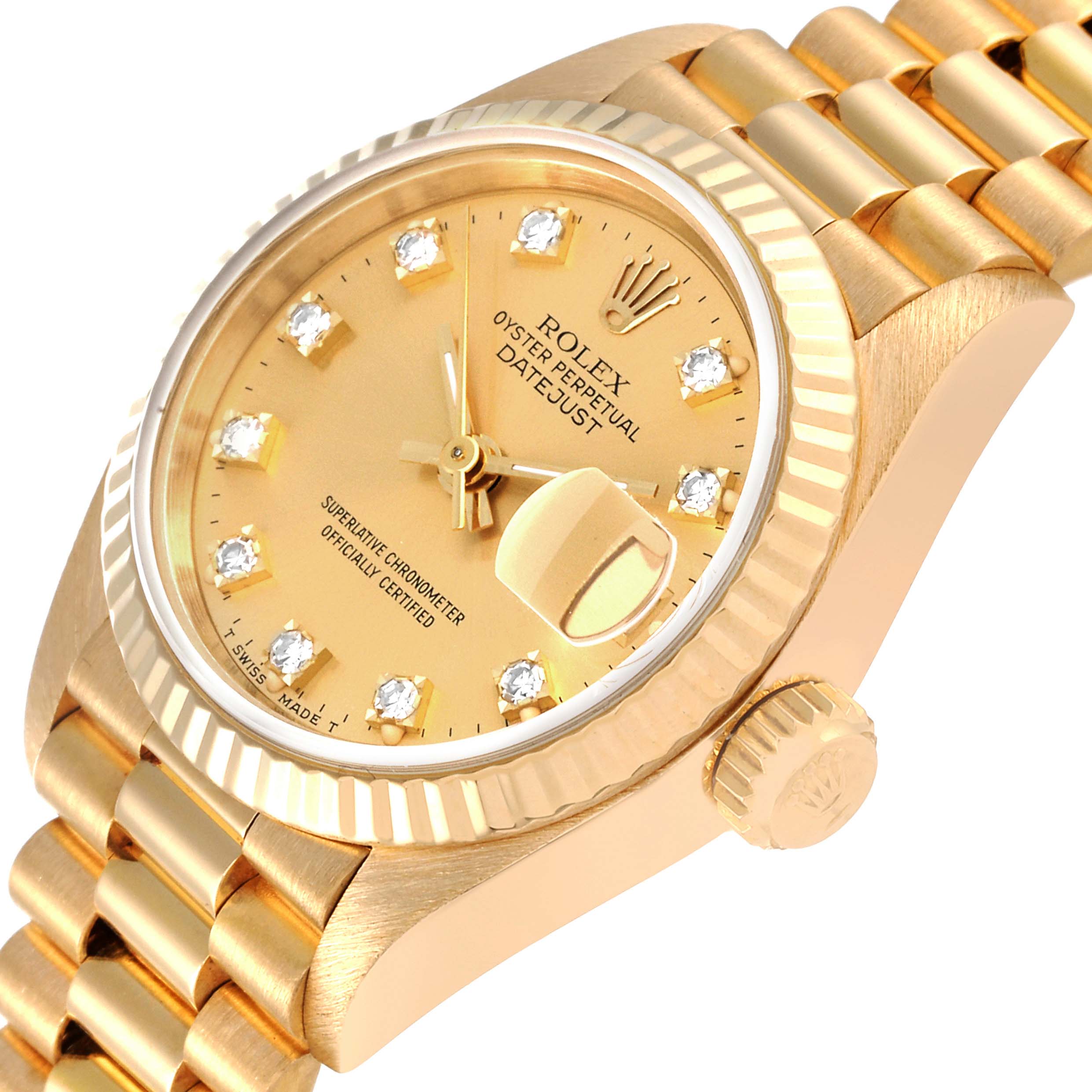 The image shows a side angle of a Rolex President 69178 Women
s Yellow Gold Champagne Dial 69178 Women
s Yellow Gold Champagne Dial model watch, highlighting its gold bracelet, crown, and diamond-studded dial.
