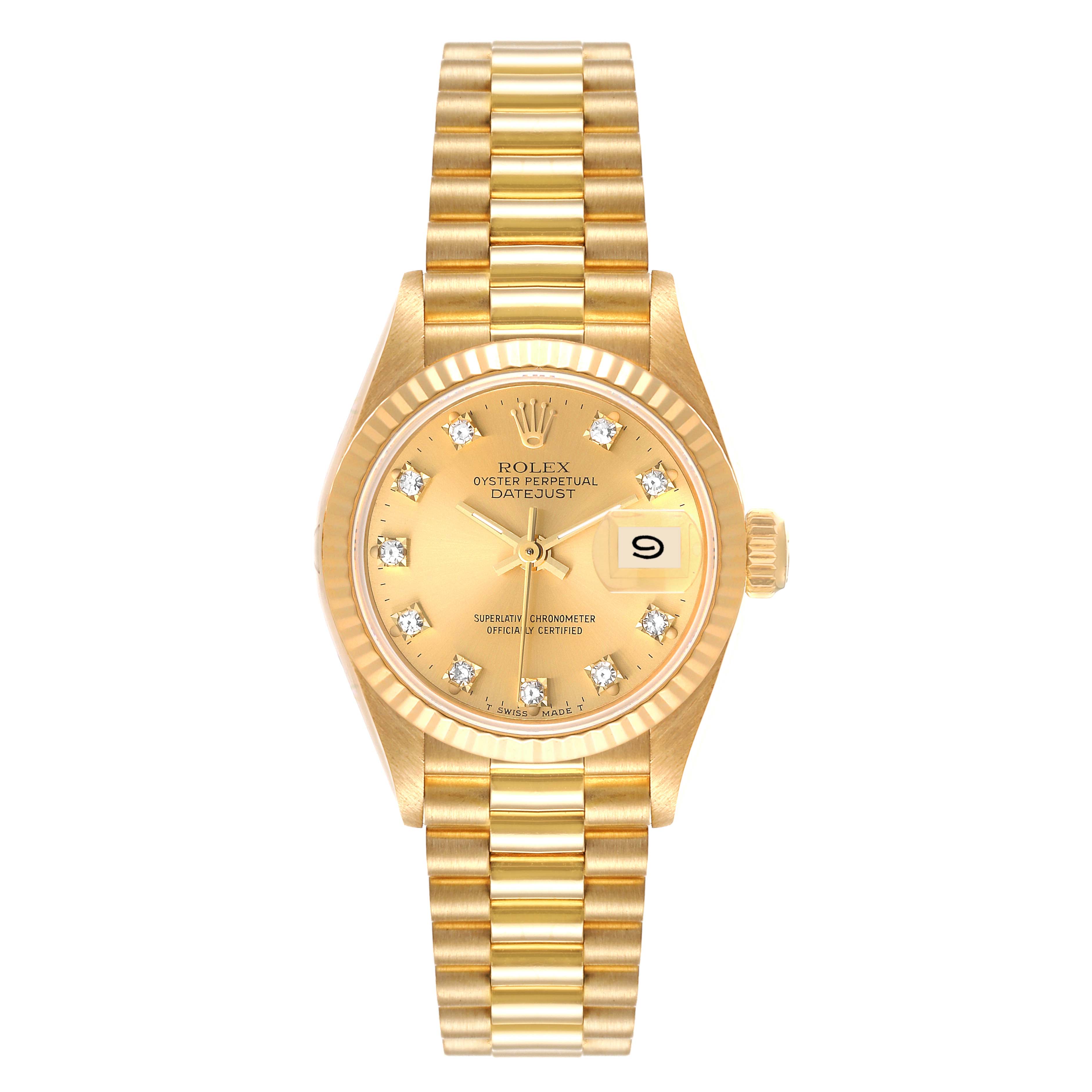 The Rolex President 69178 Women
s Yellow Gold Champagne Dial 69178 Women
s Yellow Gold Champagne Dial watch model is shown from a top-down angle, highlighting its gold bracelet, dial, and date indicator.