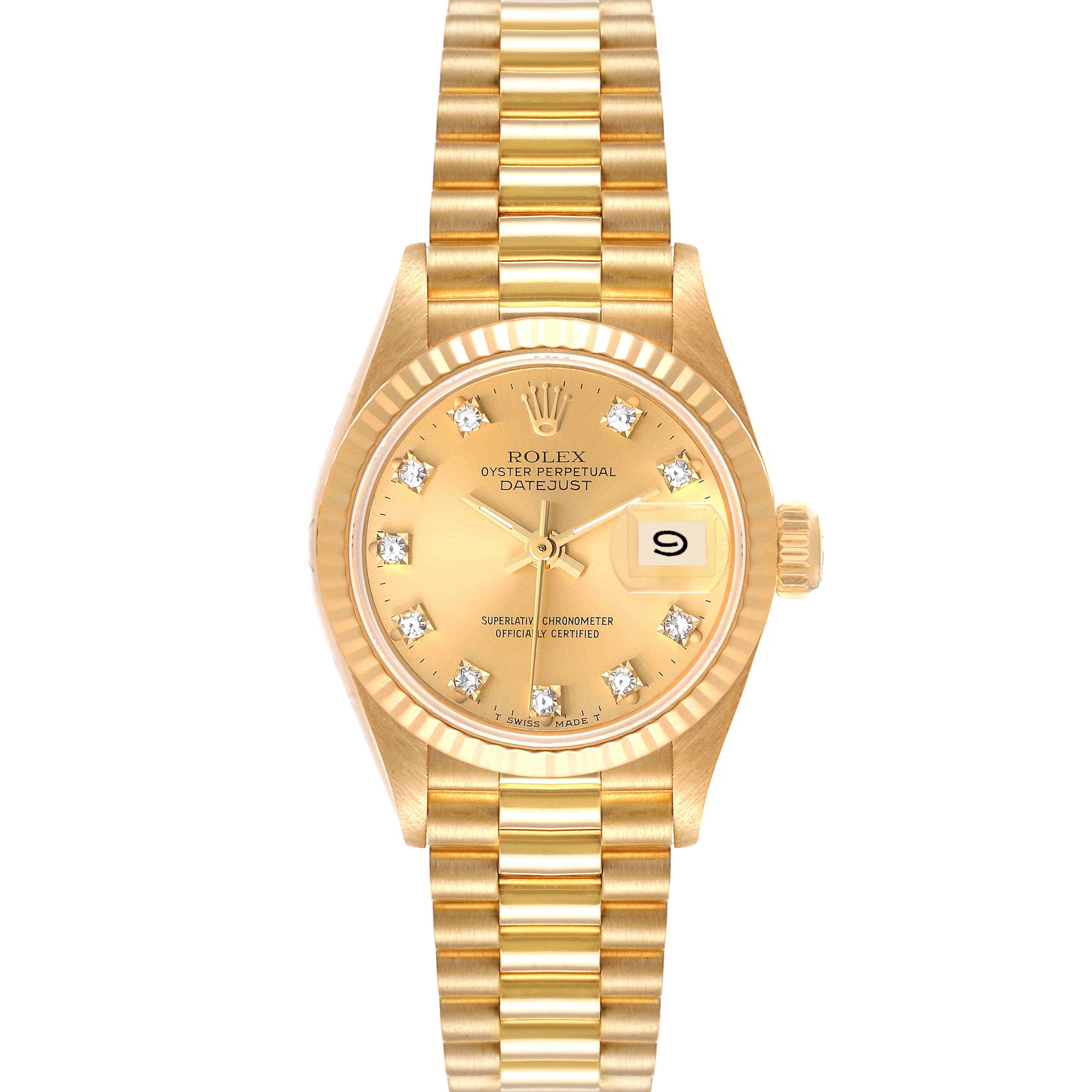 This image shows a front view of a Rolex President 69178 Women
s Yellow Gold Champagne Dial 69178 Women
s Yellow Gold Champagne Dial model watch, featuring a gold bracelet, dial, and diamond hour markers.