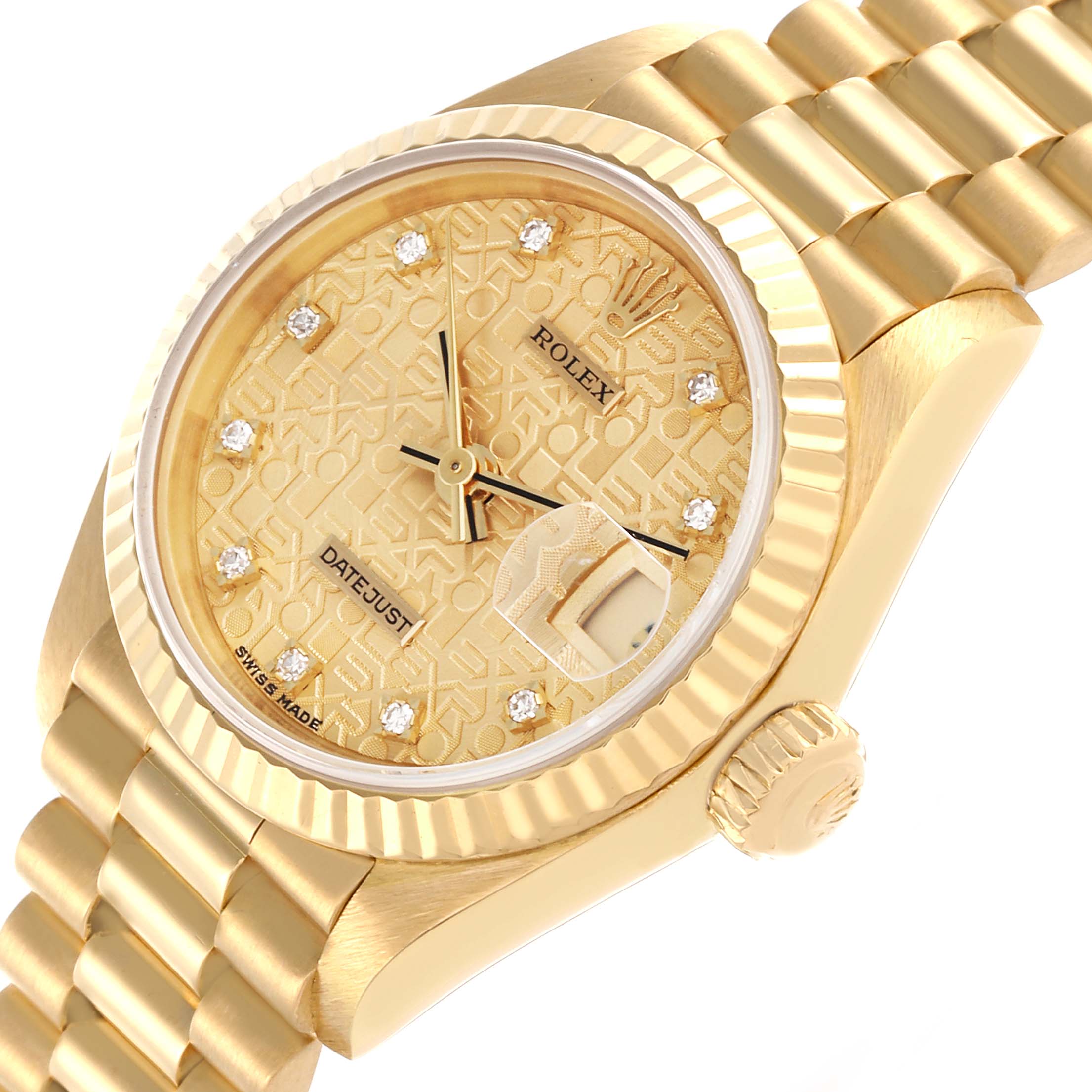 The Rolex President 69178 Women's Yellow Gold Champagne Dial 69178 Women's Yellow Gold Champagne Dial model is shown at an angled view, highlighting its gold dial, diamond markers, fluted bezel, and bracelet.