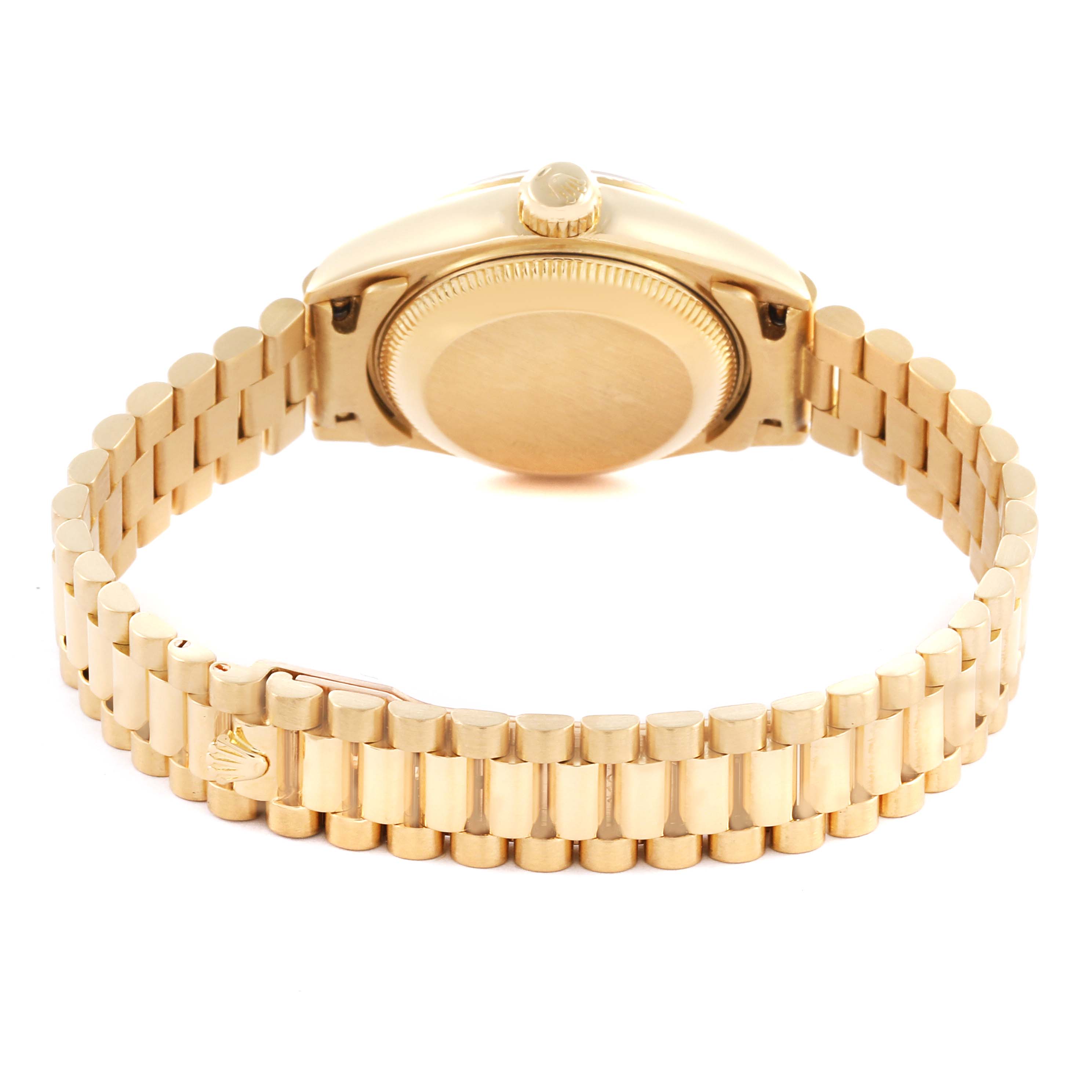 The image shows the back view of a Rolex President 69178 Women's Yellow Gold Champagne Dial 69178 Women's Yellow Gold Champagne Dial model, highlighting the case and bracelet.