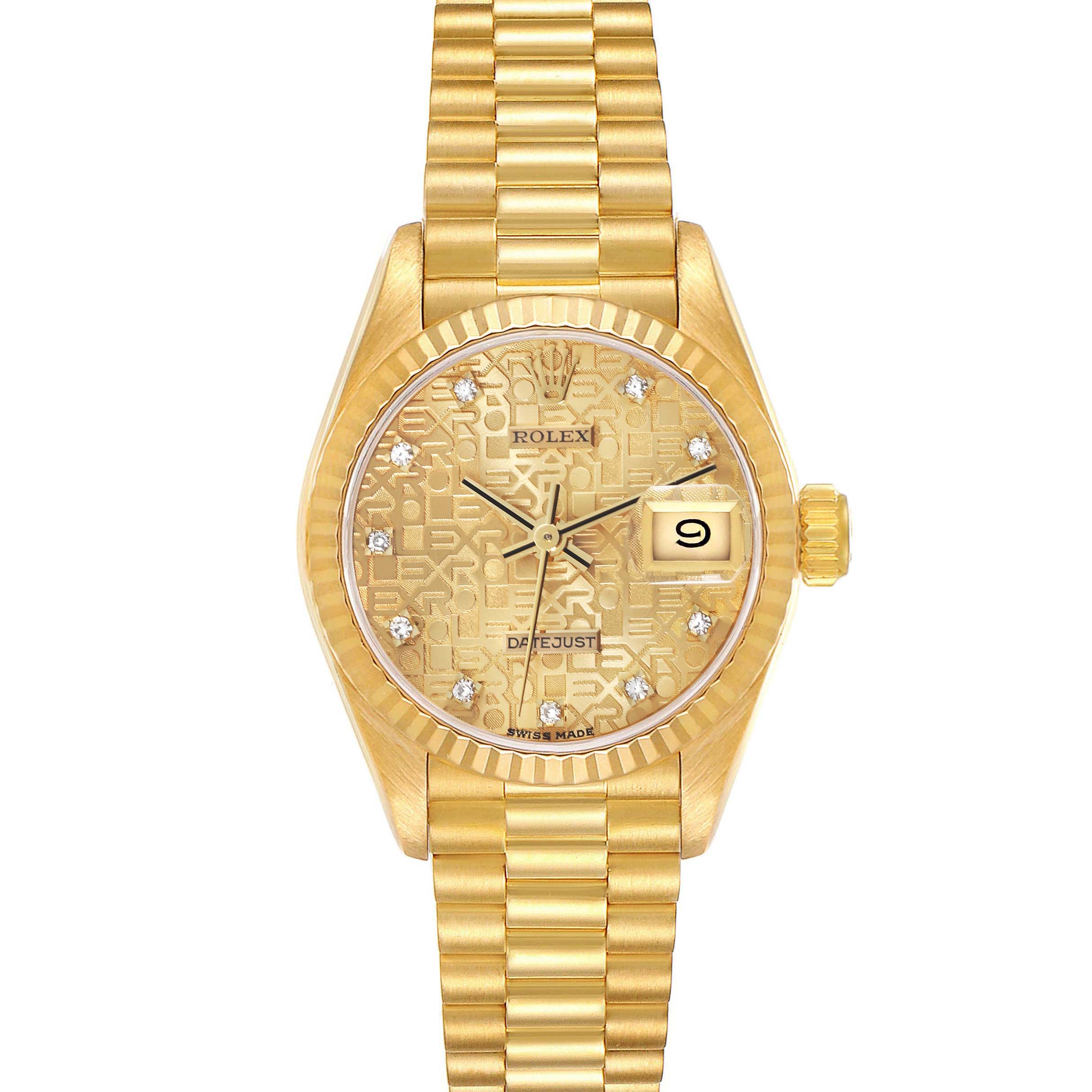The Rolex President 69178 Women's Yellow Gold Champagne Dial 69178 Women's Yellow Gold Champagne Dial model watch is shown from the front, highlighting the dial, bezel, bracelet, and date window.