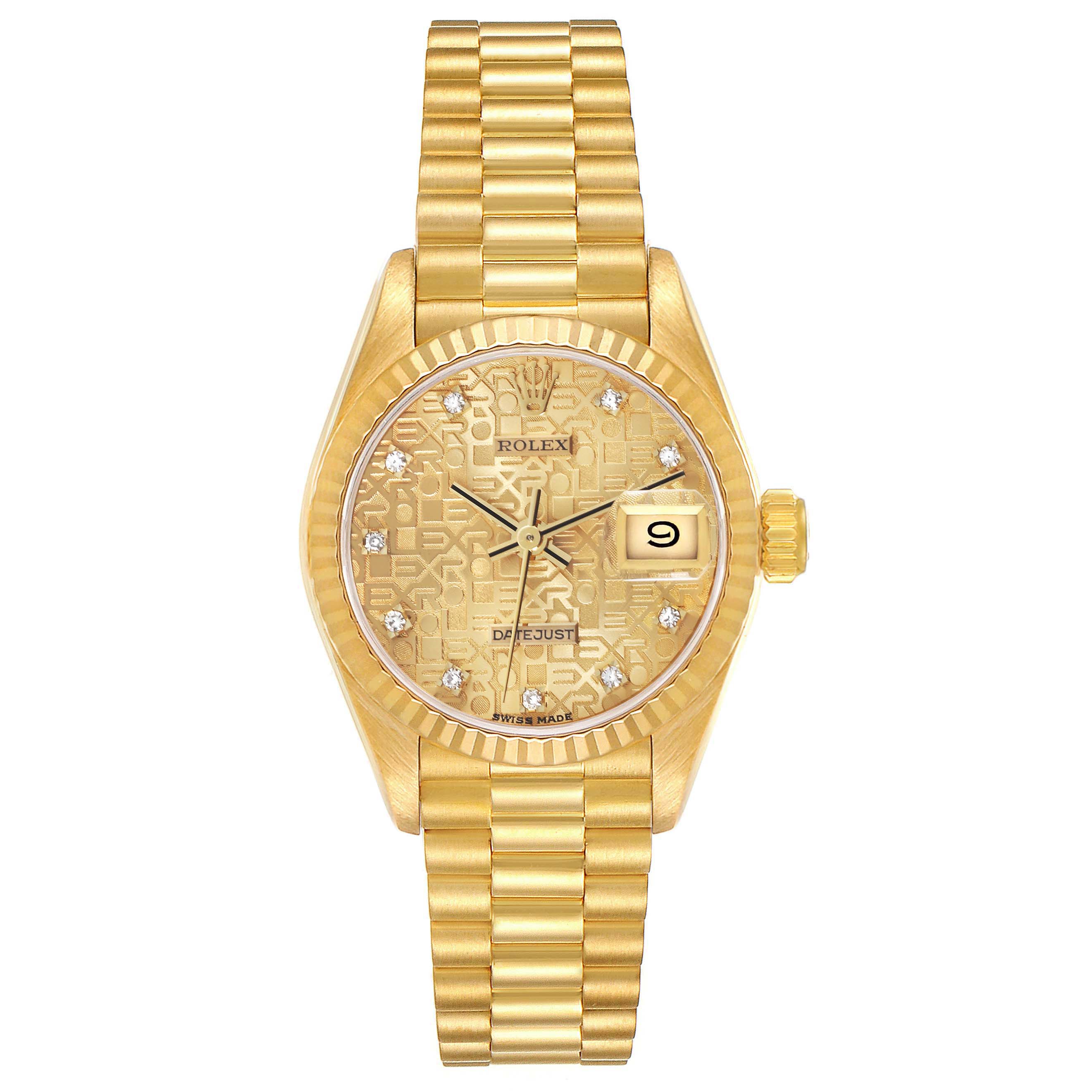 The Rolex President 69178 Women's Yellow Gold Champagne Dial 69178 Women's Yellow Gold Champagne Dial model is shown from a front angle, displaying its gold dial, fluted bezel, and bracelet.