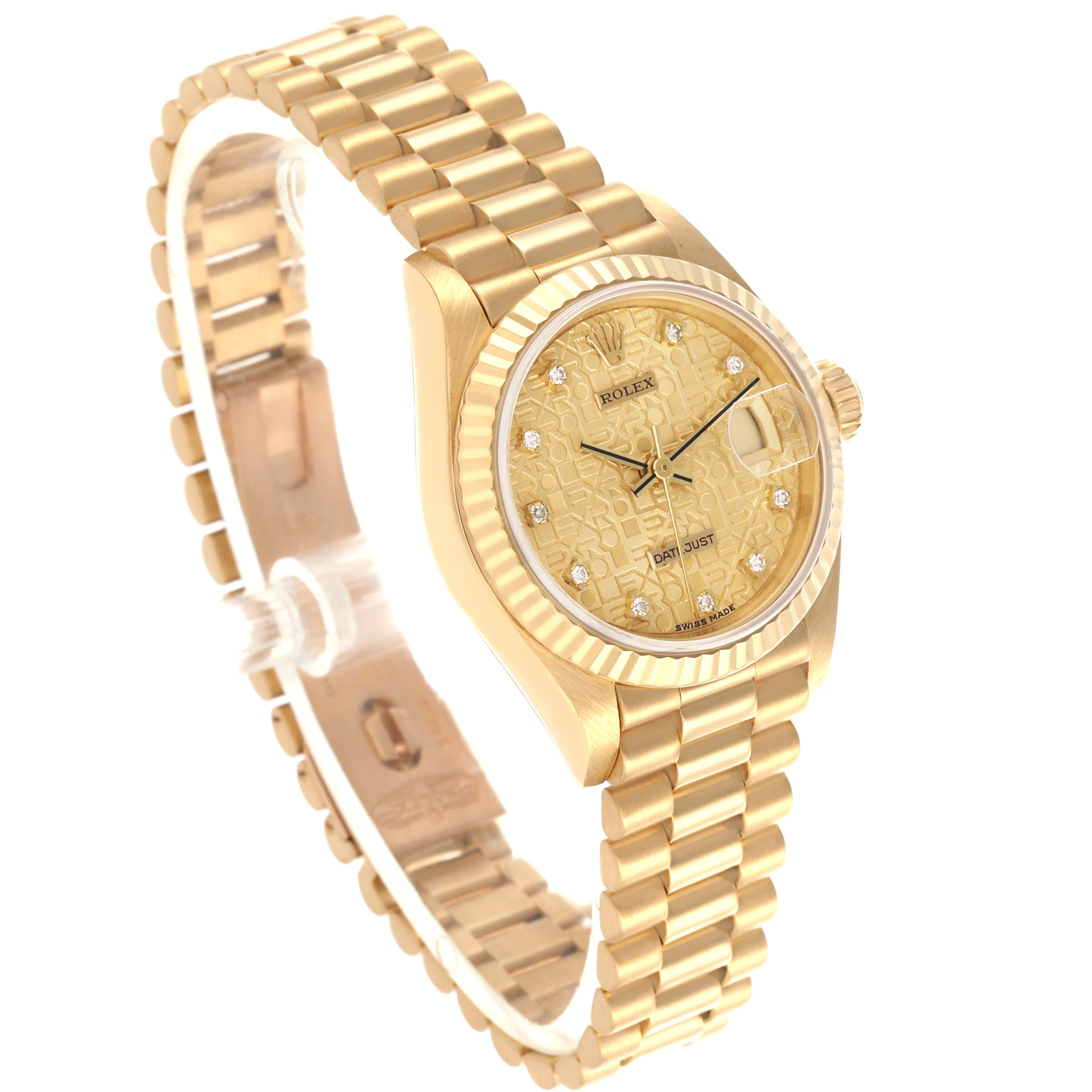 The Rolex President 69178 Women's Yellow Gold Champagne Dial 69178 Women's Yellow Gold Champagne Dial watch is shown at a slight angle, highlighting the face, bezel, and bracelet.