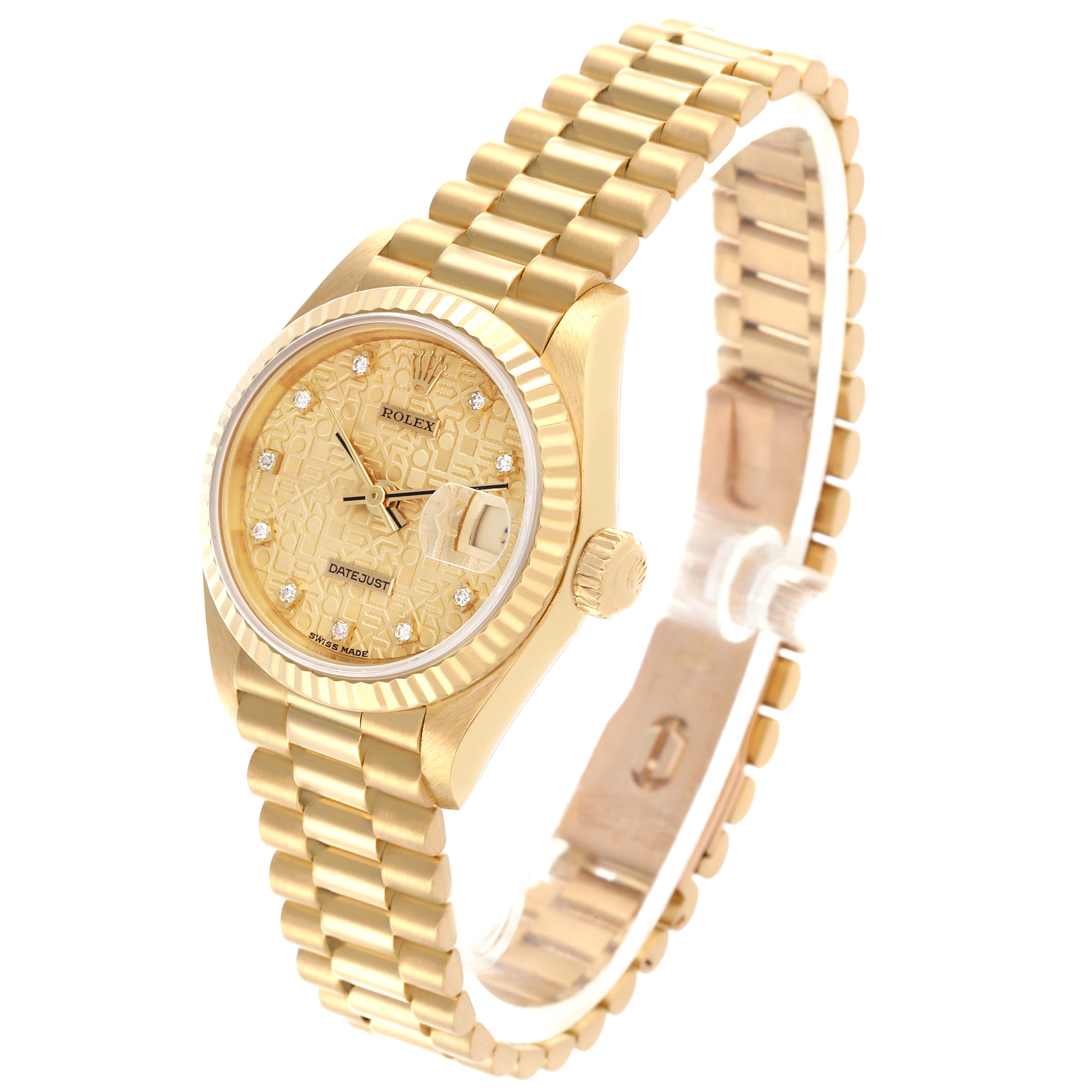 The Rolex President 69178 Women's Yellow Gold Champagne Dial 69178 Women's Yellow Gold Champagne Dial model is shown at an angled view, displaying the face, bezel, crown, and bracelet.