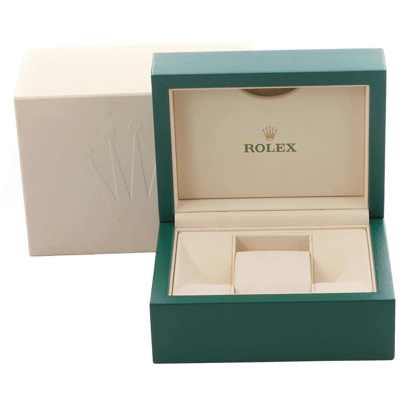 The image shows an open box and outer packaging for a Rolex President 128349 Men's White Gold Mother of Pearl Dial 128349 Men's White Gold Mother of Pearl Dial model watch, featuring the brand logo inside.