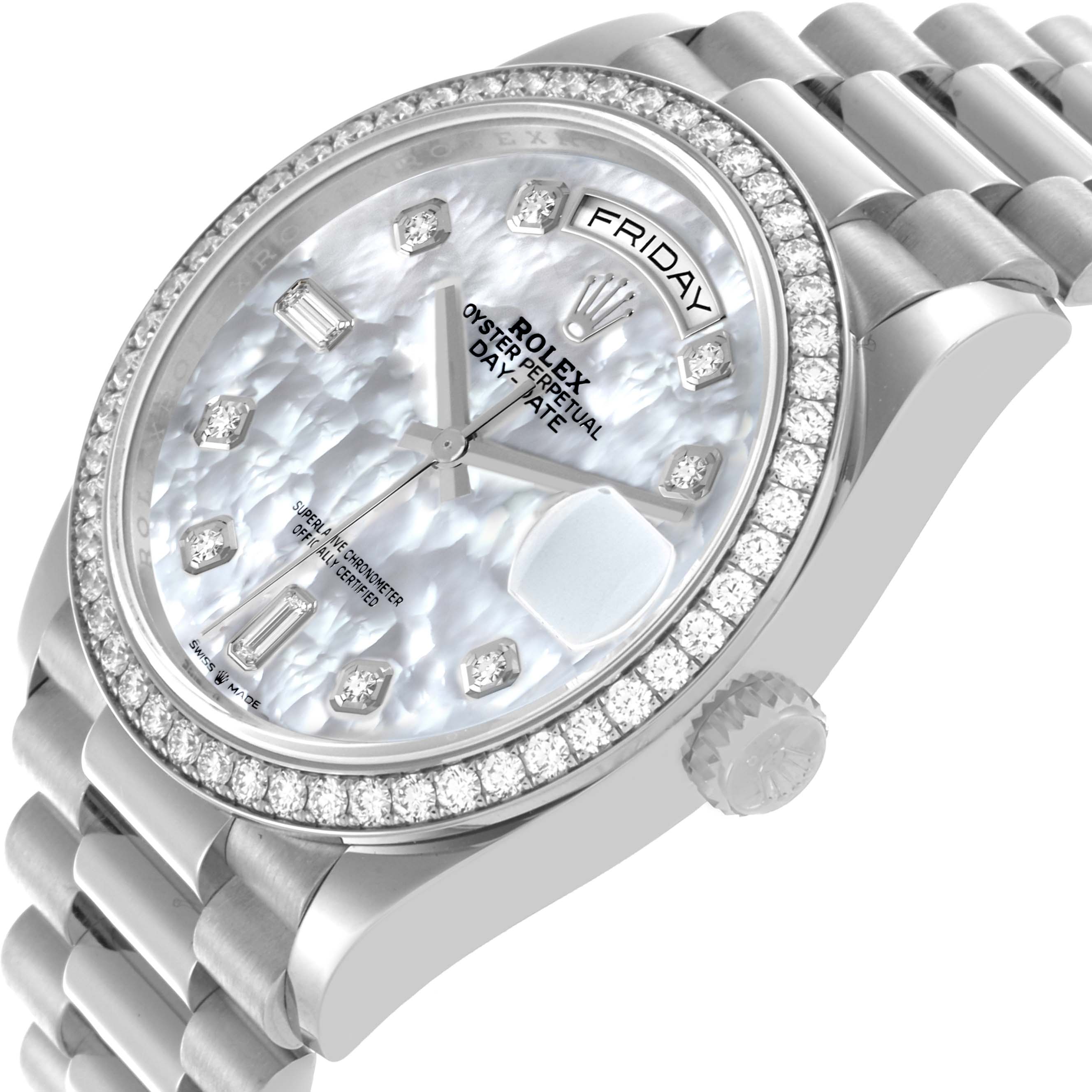 The Rolex President 128349 Men's White Gold Mother of Pearl Dial 128349 Men's White Gold Mother of Pearl Dial model watch is shown at an angle highlighting the dial, bezel, crown, and part of the bracelet.