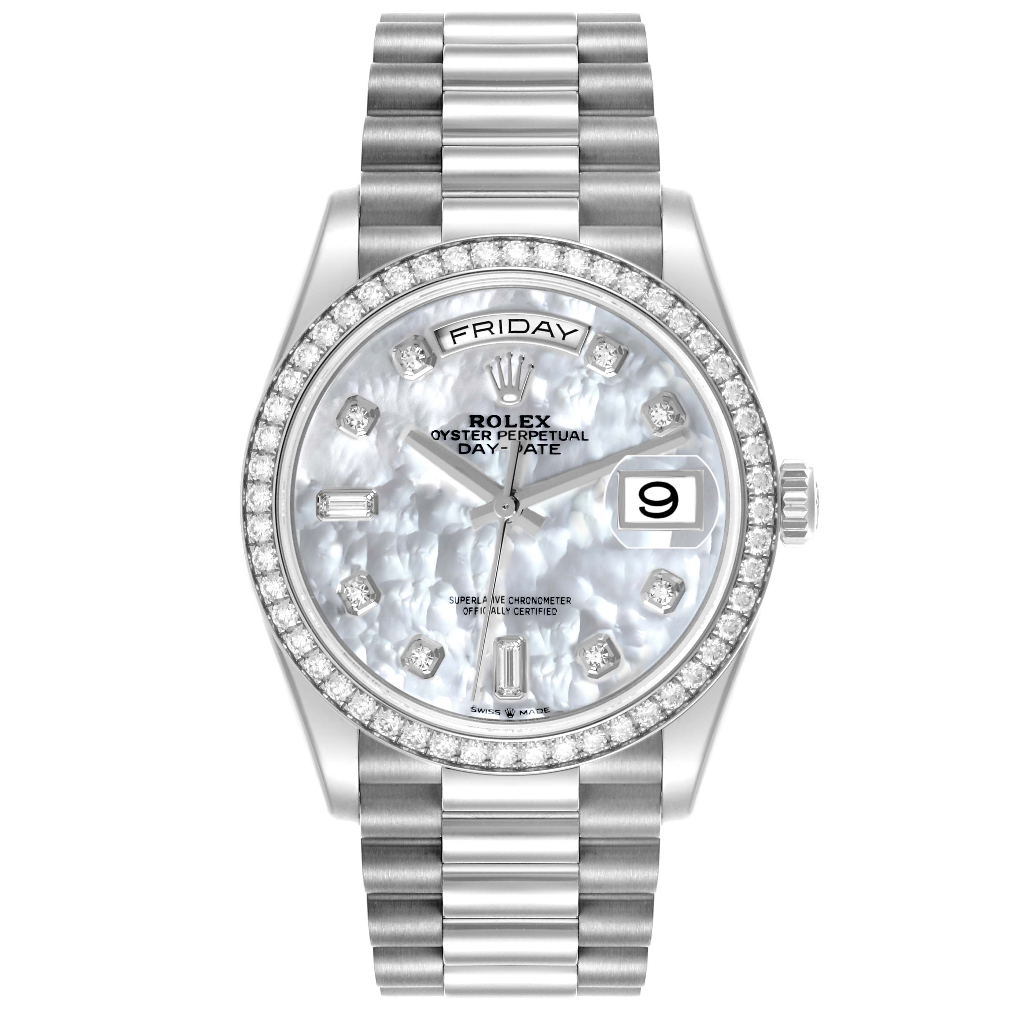 The Rolex President 128349 Men's White Gold Mother of Pearl Dial 128349 Men's White Gold Mother of Pearl Dial model is shown from the front, displaying the dial, bezel, and bracelet.