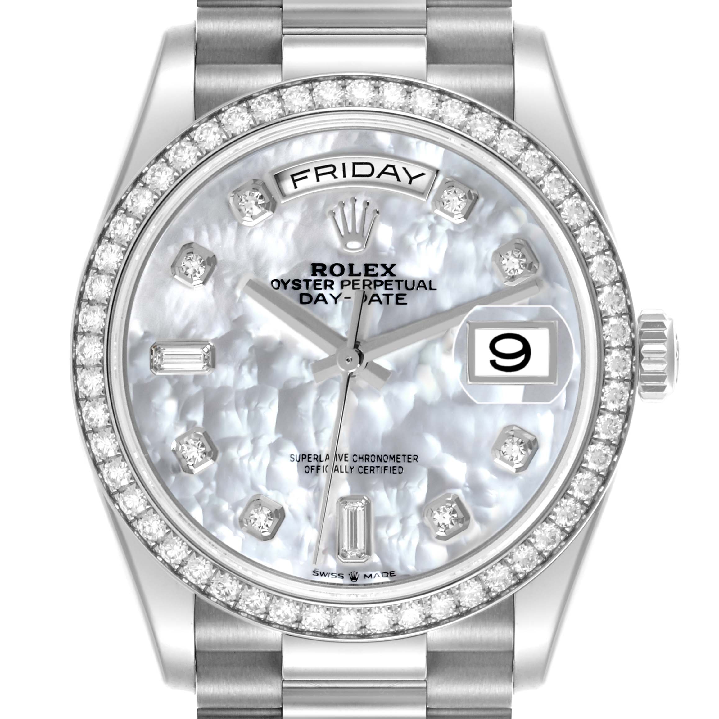 The Rolex President 128349 Men's White Gold Mother of Pearl Dial 128349 Men's White Gold Mother of Pearl Dial model is shown from the front, displaying the dial, bezel, and part of the bracelet.