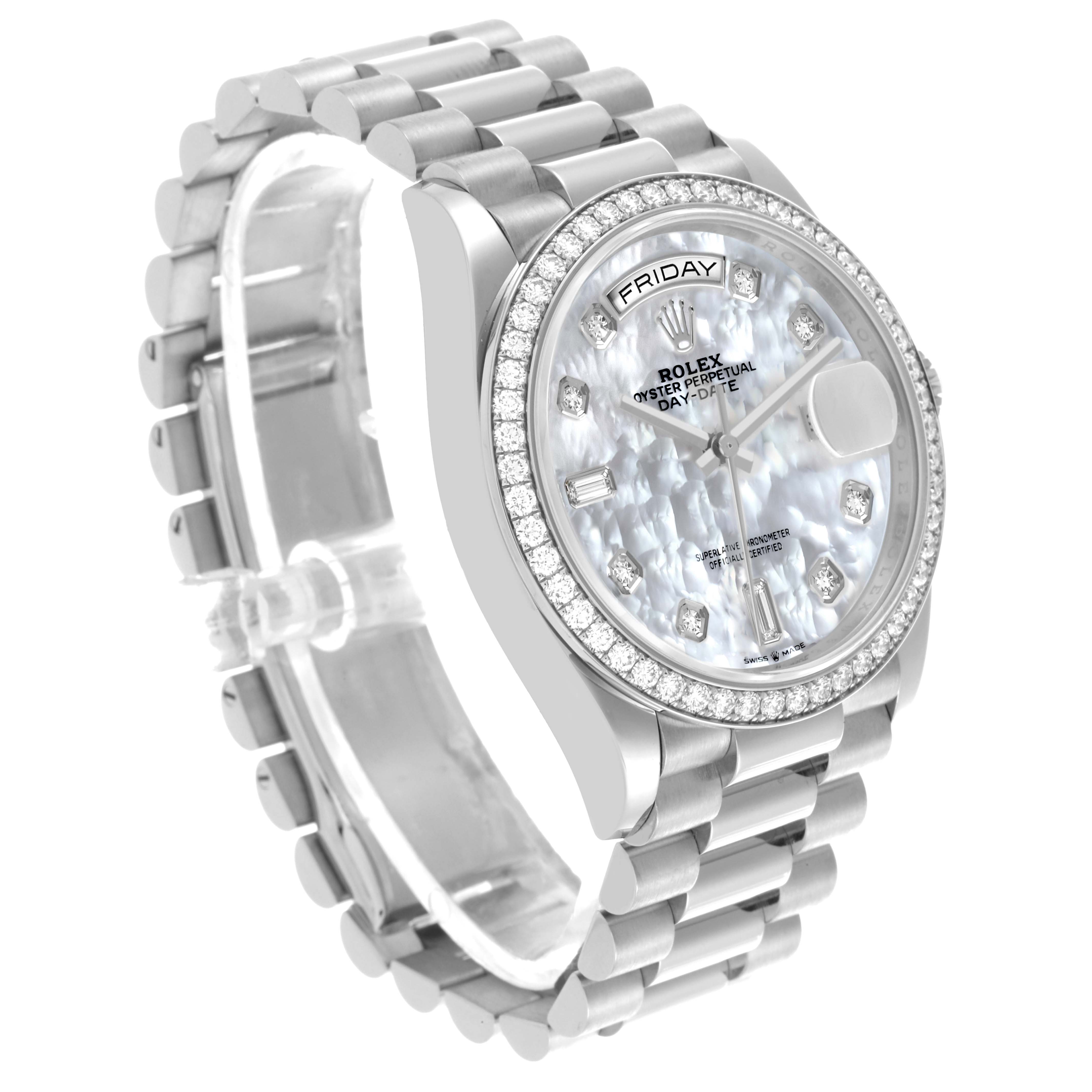 The Rolex President 128349 Men's White Gold Mother of Pearl Dial 128349 Men's White Gold Mother of Pearl Dial model watch is shown at a side angle, highlighting the face, bezel, and bracelet.