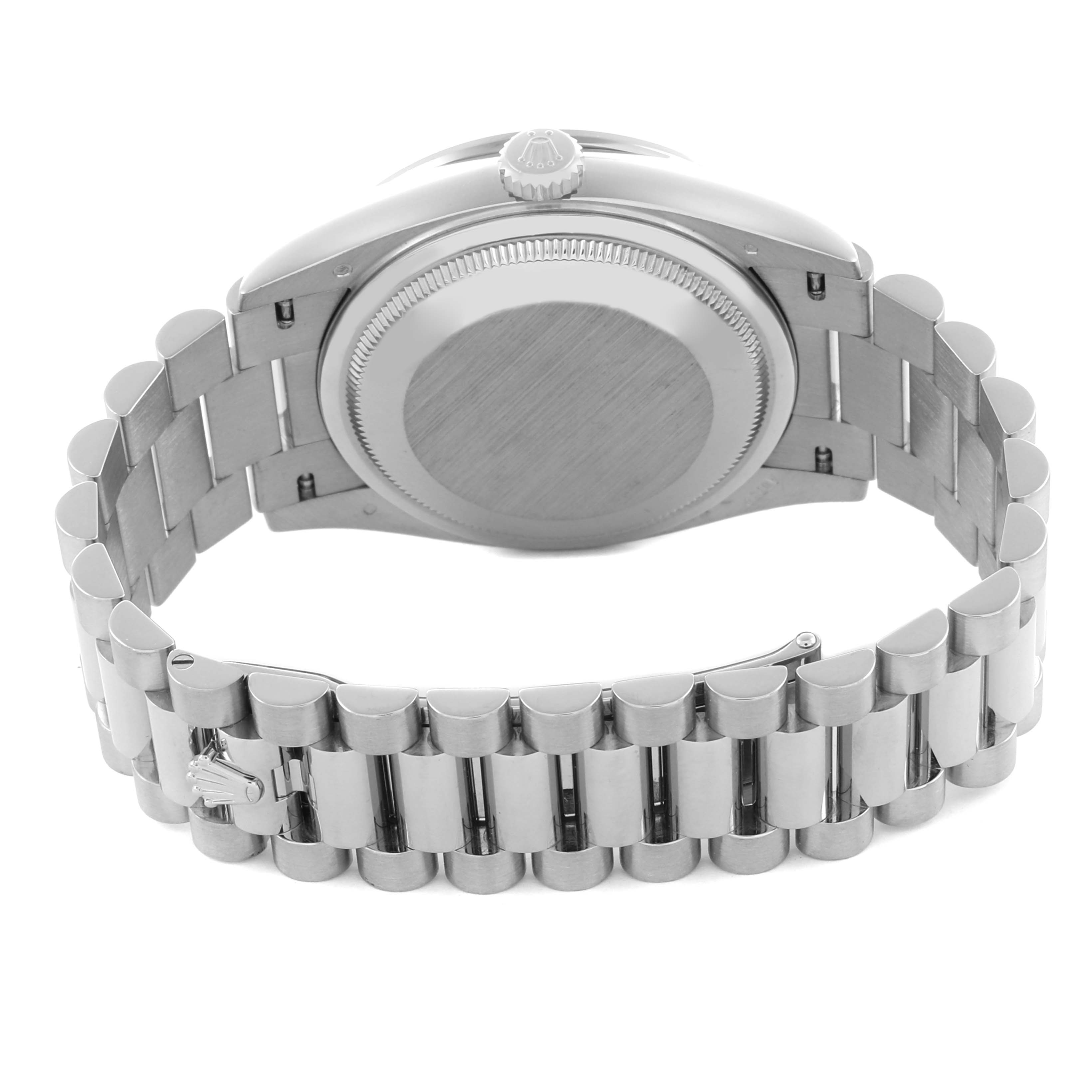 The image shows the back view of the Rolex President 128349 Men's White Gold Mother of Pearl Dial 128349 Men's White Gold Mother of Pearl Dial model, displaying the case back and bracelet.