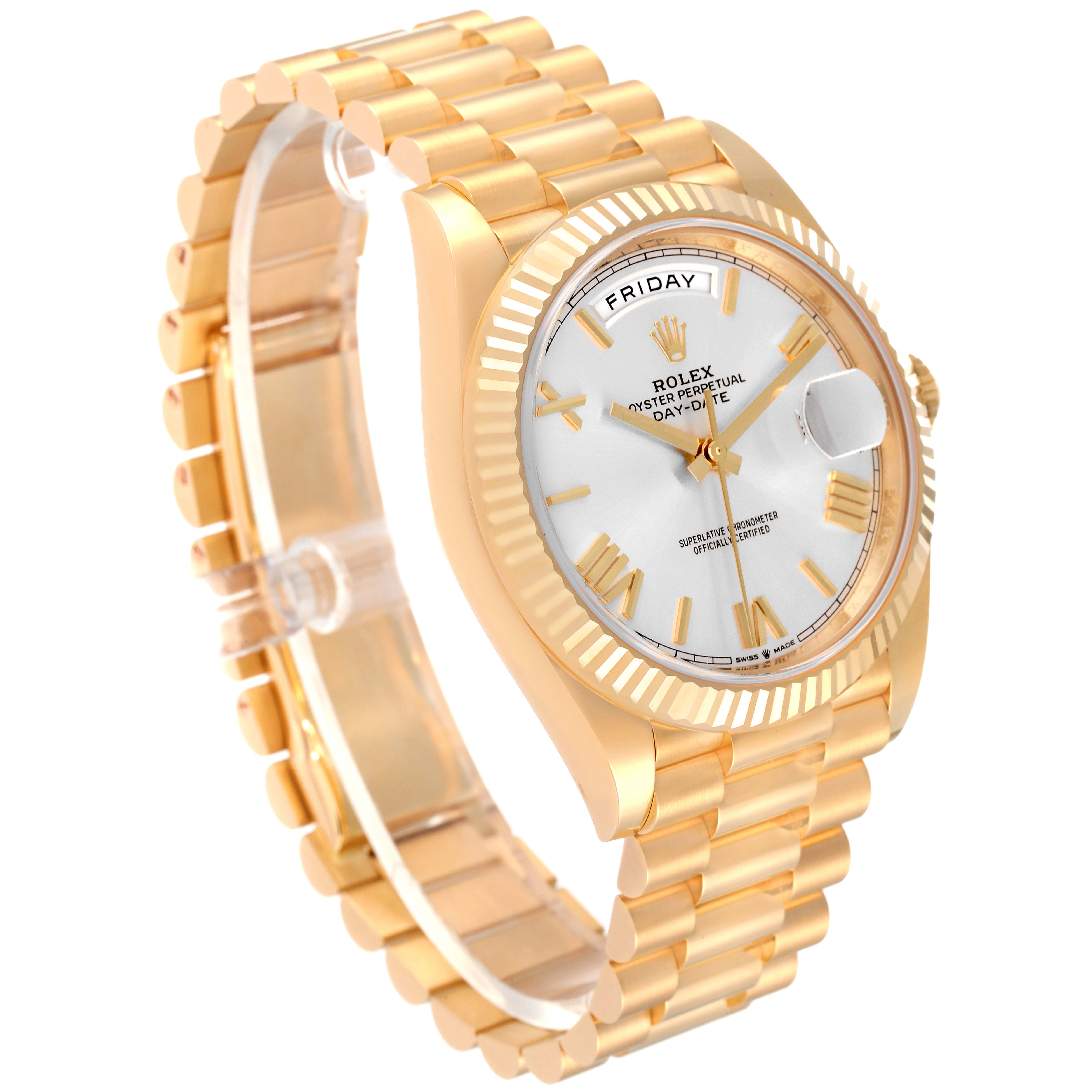 This image shows a Rolex President 228238 Men
s Yellow Gold Silver Dial 228238 Men
s Yellow Gold Silver Dial model watch at an oblique angle, highlighting the gold bracelet, white dial, fluted bezel, and day/date display.