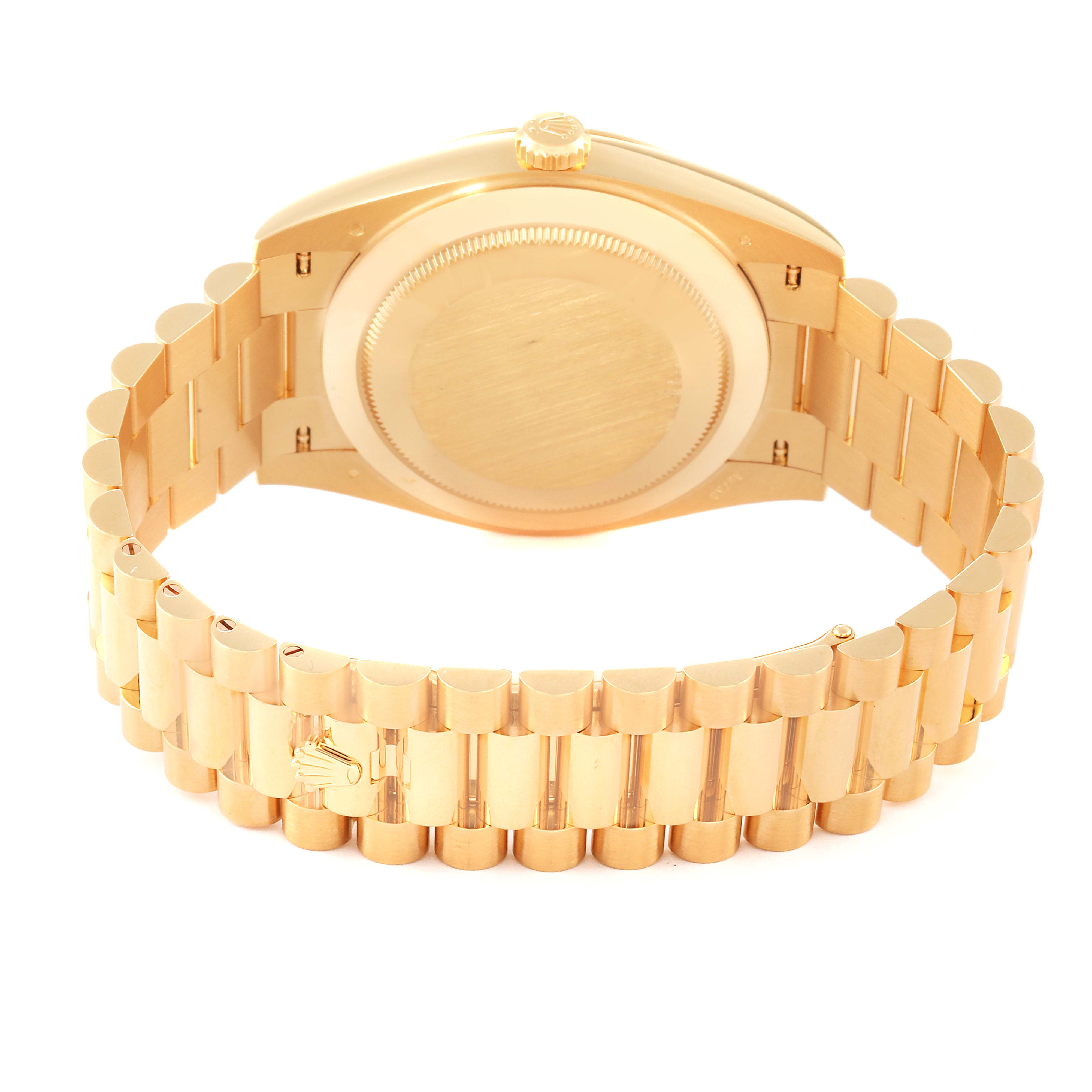 This image shows the back view of a Rolex President 228238 Men
s Yellow Gold Silver Dial 228238 Men
s Yellow Gold Silver Dial model watch, highlighting its case and gold bracelet.