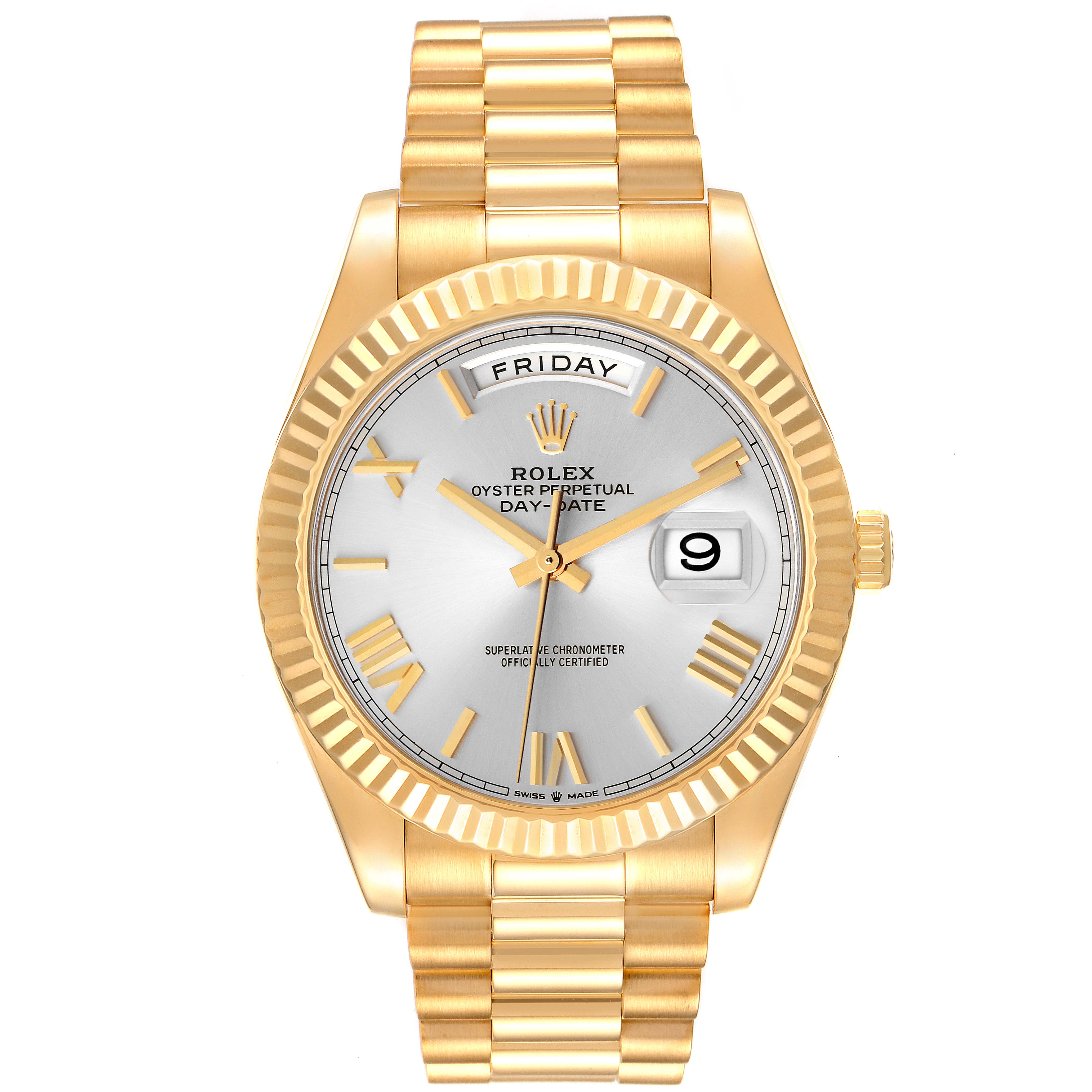 This is a front view of a Rolex President 228238 Men
s Yellow Gold Silver Dial 228238 Men
s Yellow Gold Silver Dial model watch, displaying the dial, bracelet, bezel, and crown.