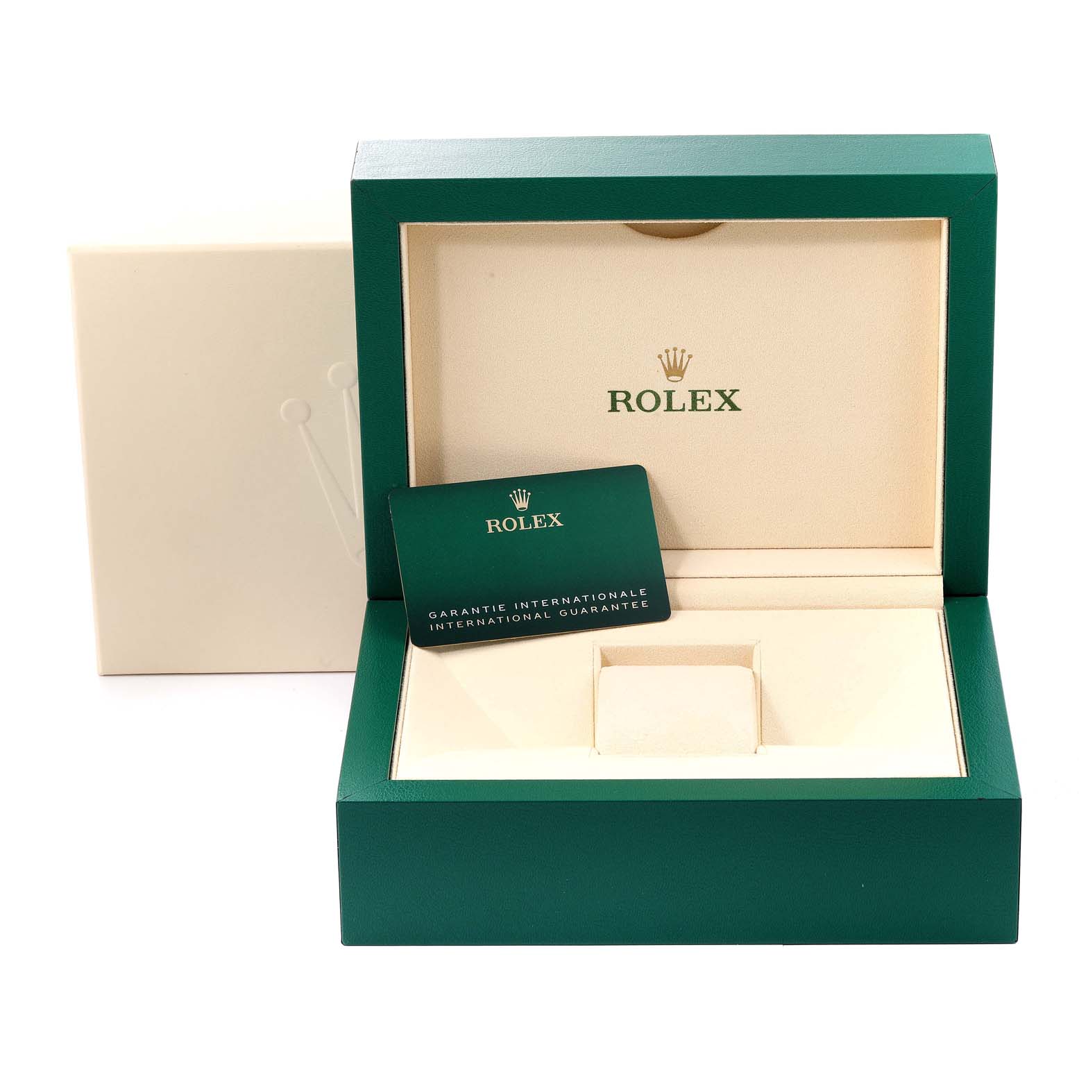 This image shows the Rolex President 228238 Men
s Yellow Gold Silver Dial 228238 Men
s Yellow Gold Silver Dial model watch
s box, inner cushion, and international guarantee card from a straight-on angle.