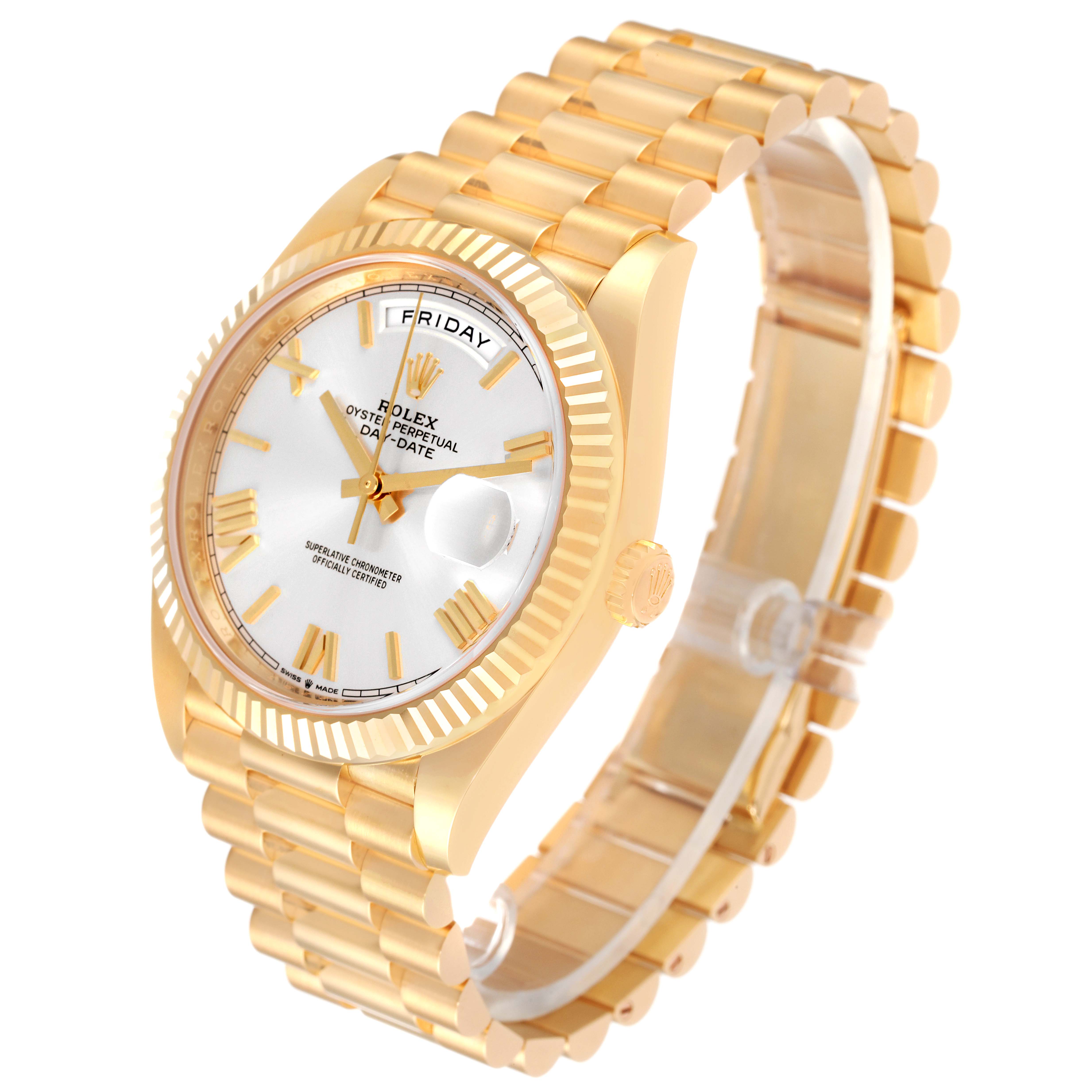 The Rolex President 228238 Men
s Yellow Gold Silver Dial 228238 Men
s Yellow Gold Silver Dial watch is shown at a slight angle, displaying its face, crown, and bracelet.