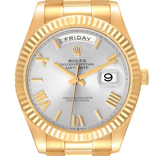Photo of Rolex President Day Date 40 Yellow Gold Silver Dial Mens Watch 228238 Unworn