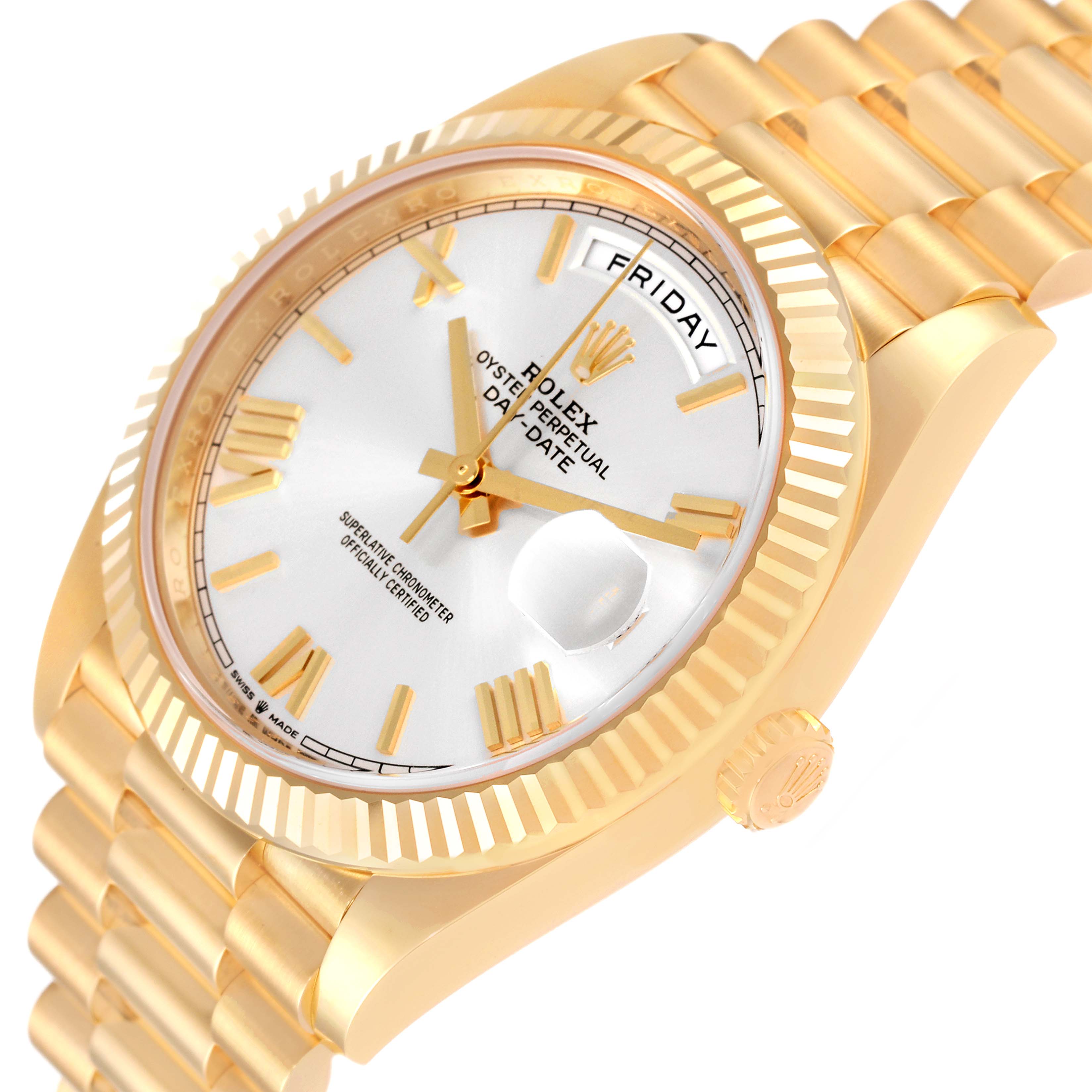 This is a close-up, angled view of the Rolex President 228238 Men
s Yellow Gold Silver Dial 228238 Men
s Yellow Gold Silver Dial model showing the dial, hands, date, and part of the bracelet.
