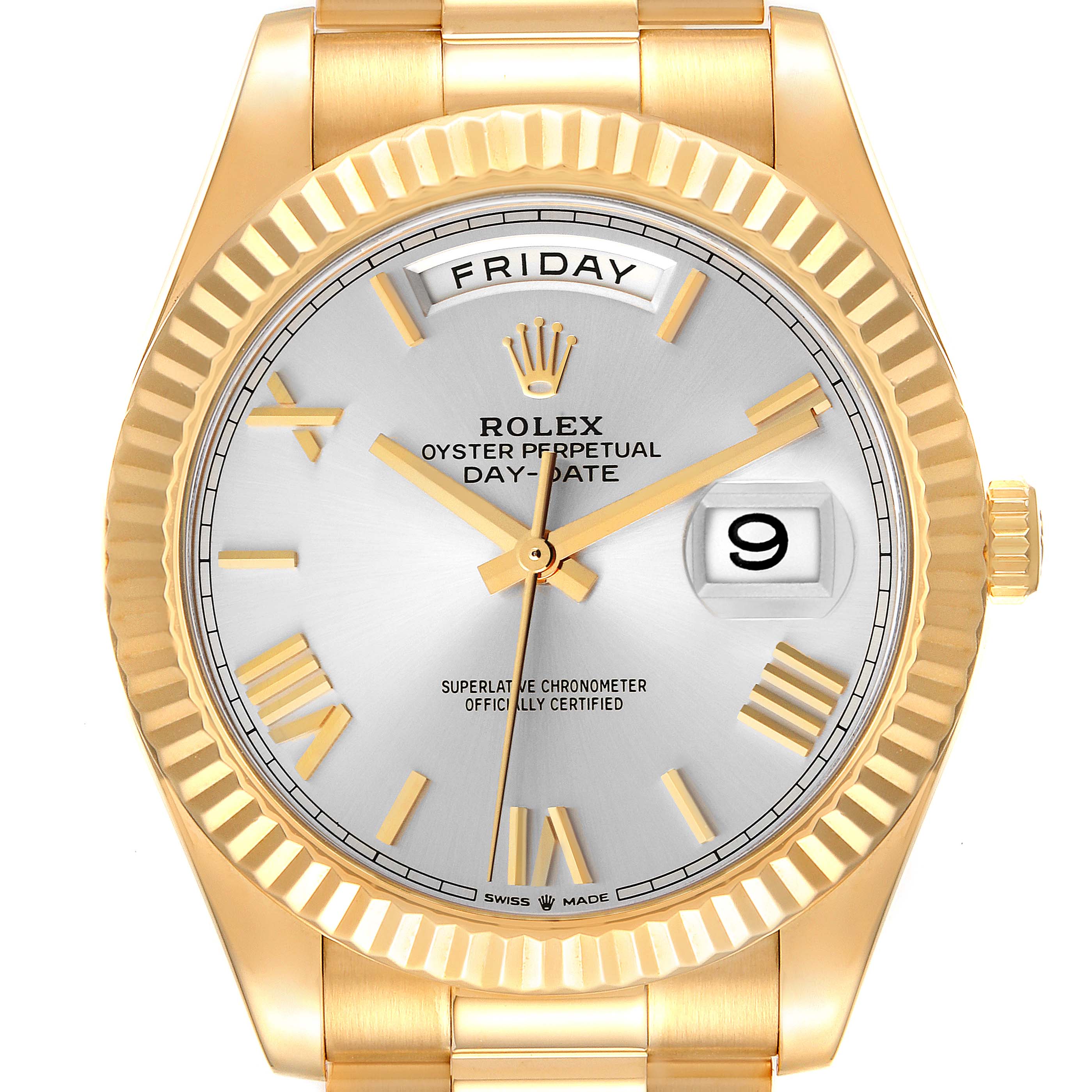 This image shows a front view of the Rolex President 228238 Men
s Yellow Gold Silver Dial 228238 Men
s Yellow Gold Silver Dial model, featuring the watch face, bezel, and part of the bracelet.