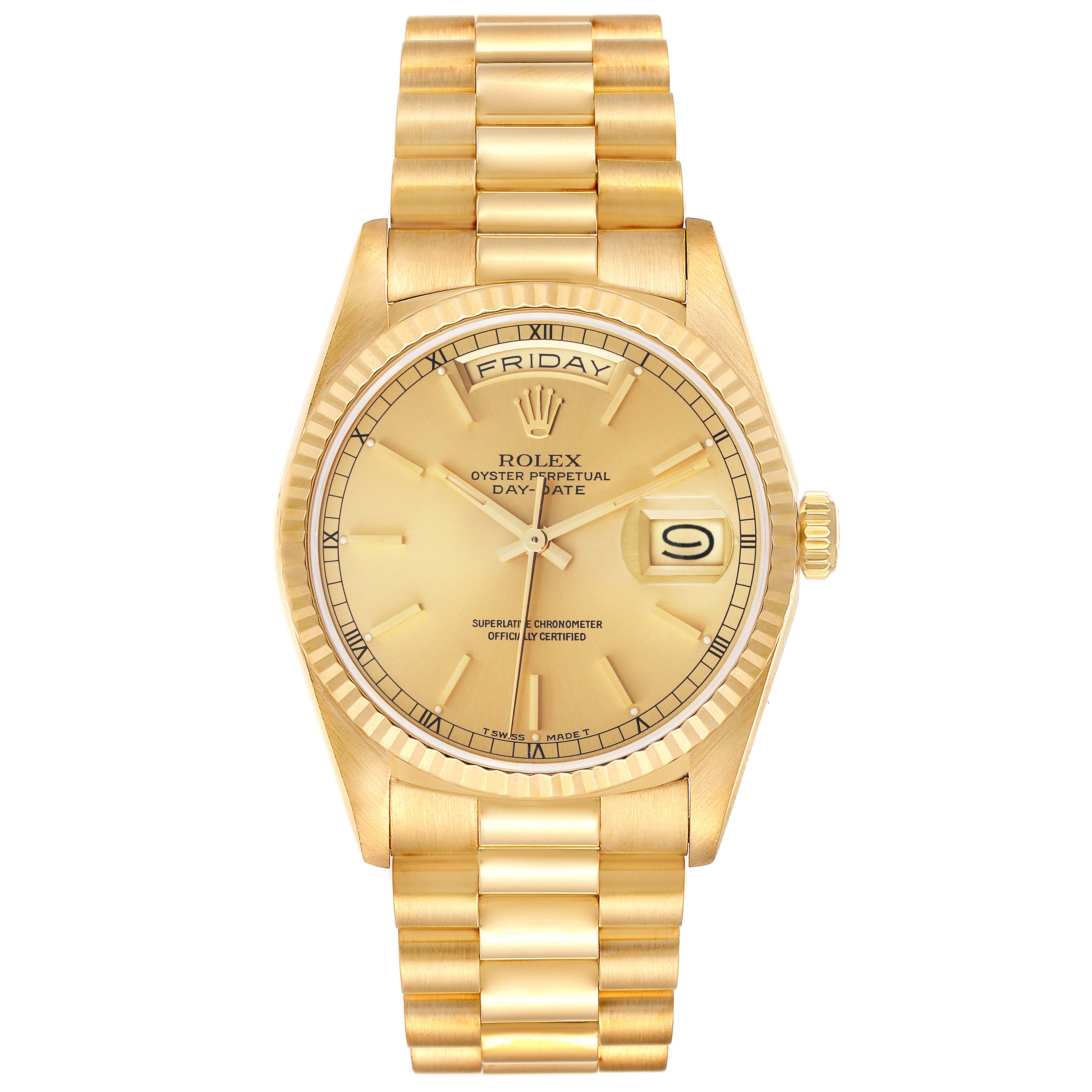 The image shows a frontal view of the Rolex President 18238 Men
s Yellow Gold Champagne Dial 18238 Men
s Yellow Gold Champagne Dial model watch, featuring its gold bracelet, day-date display, and fluted bezel.