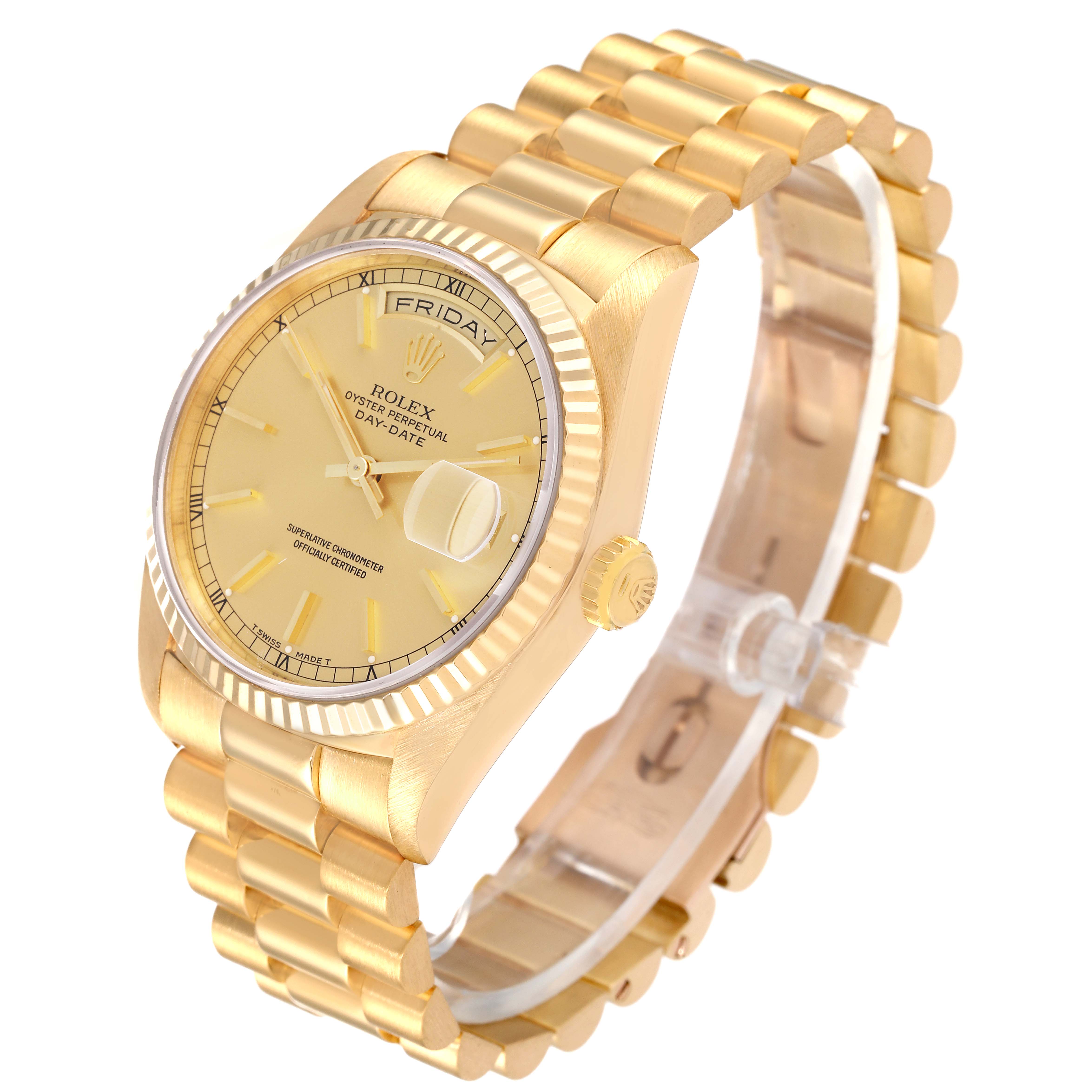 The image shows a Rolex President 18238 Men
s Yellow Gold Champagne Dial 18238 Men
s Yellow Gold Champagne Dial model watch from a three-quarter angle, highlighting the dial, bezel, and bracelet.