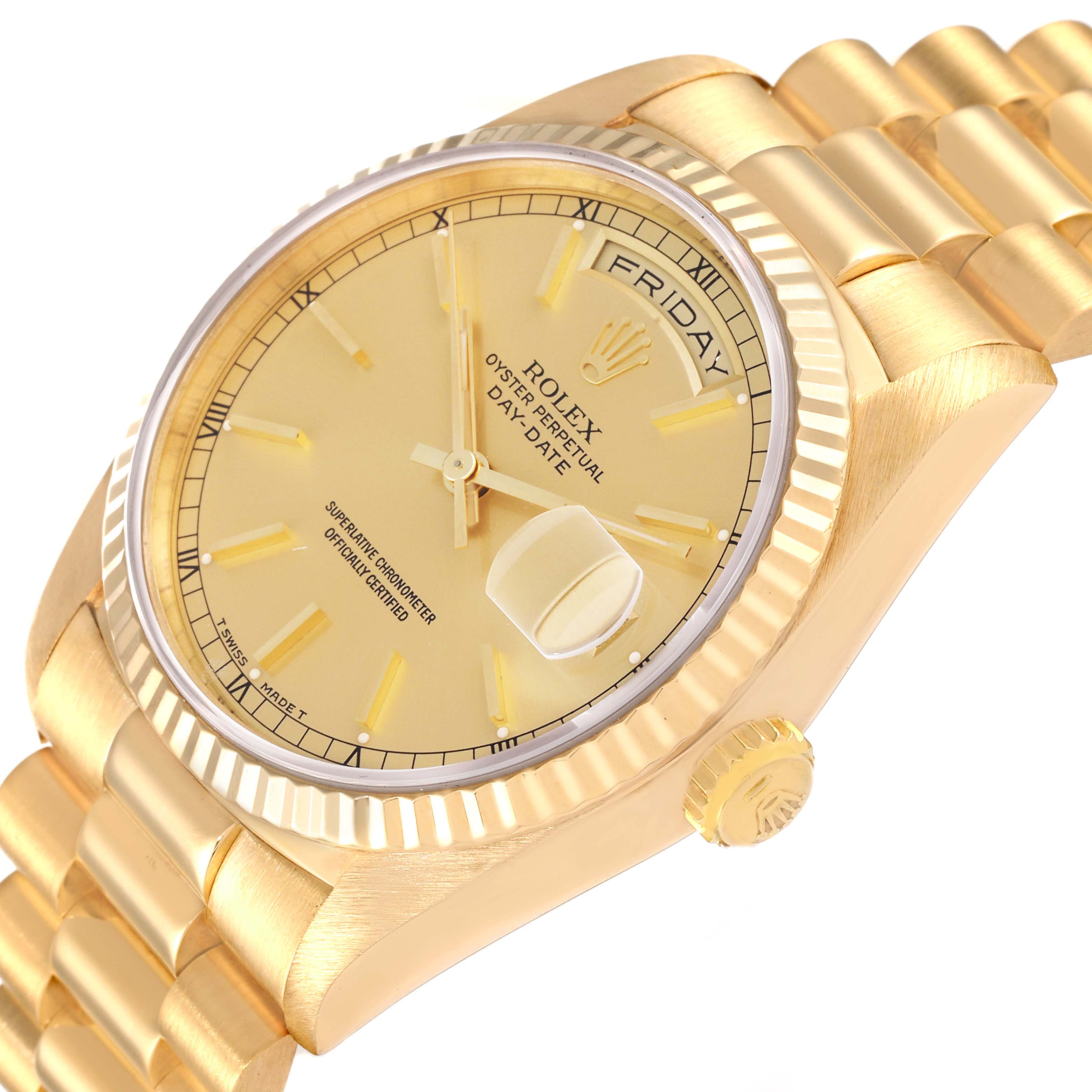 The watch shown is a Rolex President 18238 Men
s Yellow Gold Champagne Dial 18238 Men
s Yellow Gold Champagne Dial model, viewed from a side angle, displaying the gold dial, fluted bezel, and Day-Date feature.