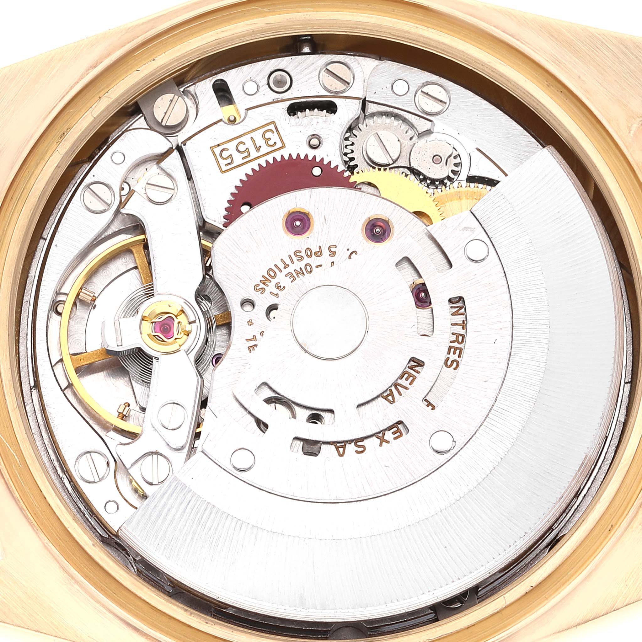 The image shows the internal mechanical movement of a Rolex President 18238 Men
s Yellow Gold Champagne Dial 18238 Men
s Yellow Gold Champagne Dial model watch from the back view.
