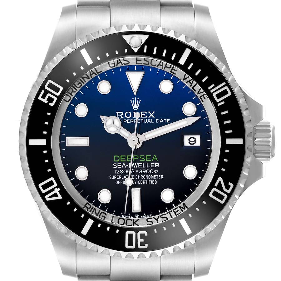 The Rolex Sea-Dweller watch is shown from the front, highlighting the dial, bezel, and part of the bracelet.