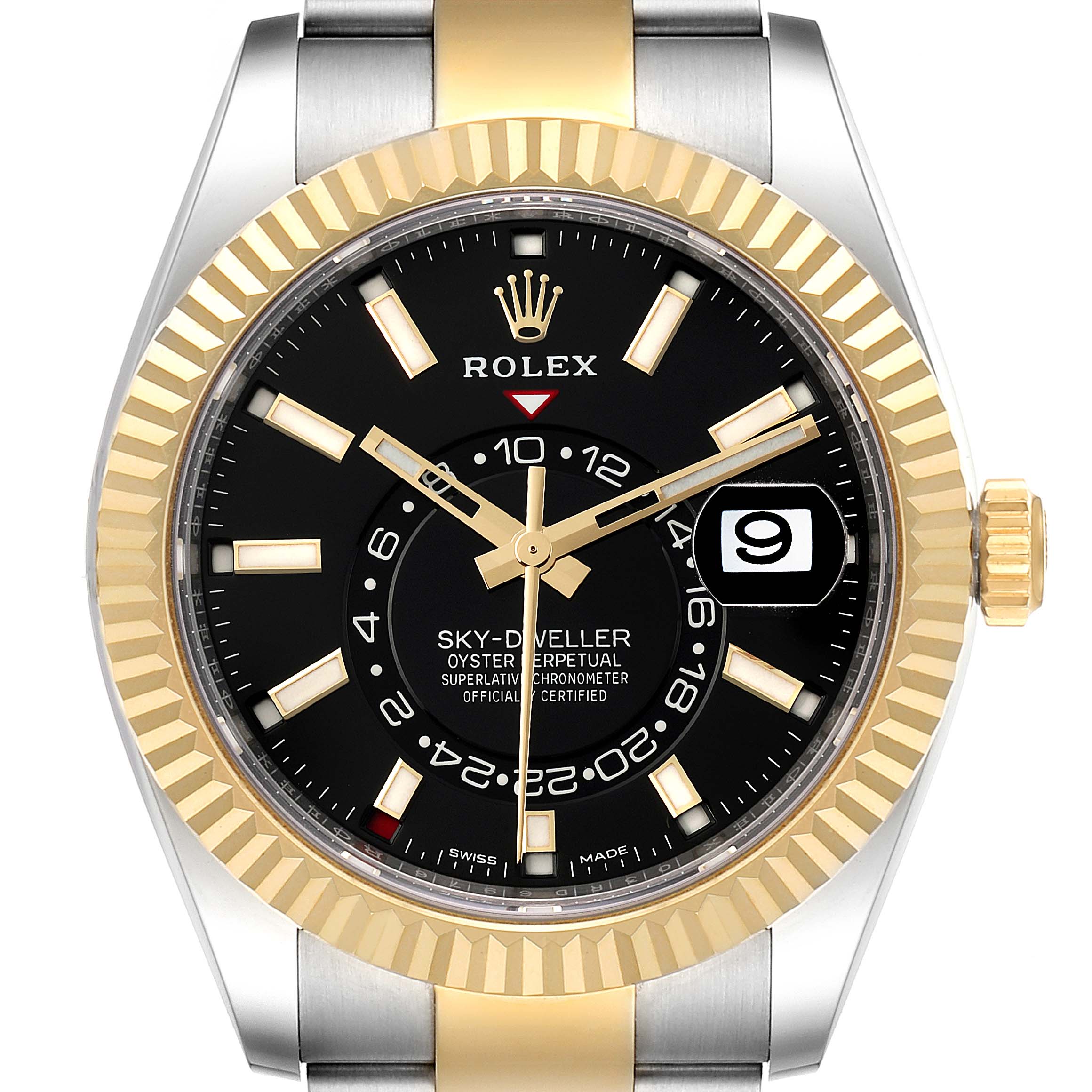 The image shows a front view of the Rolex Sky-Dweller 326933 Men's Steel and Gold (two tone) Black Dial 326933 Men's Steel and Gold (two tone) Black Dial watch, highlighting its black dial, gold bezel, and two-tone bracelet.