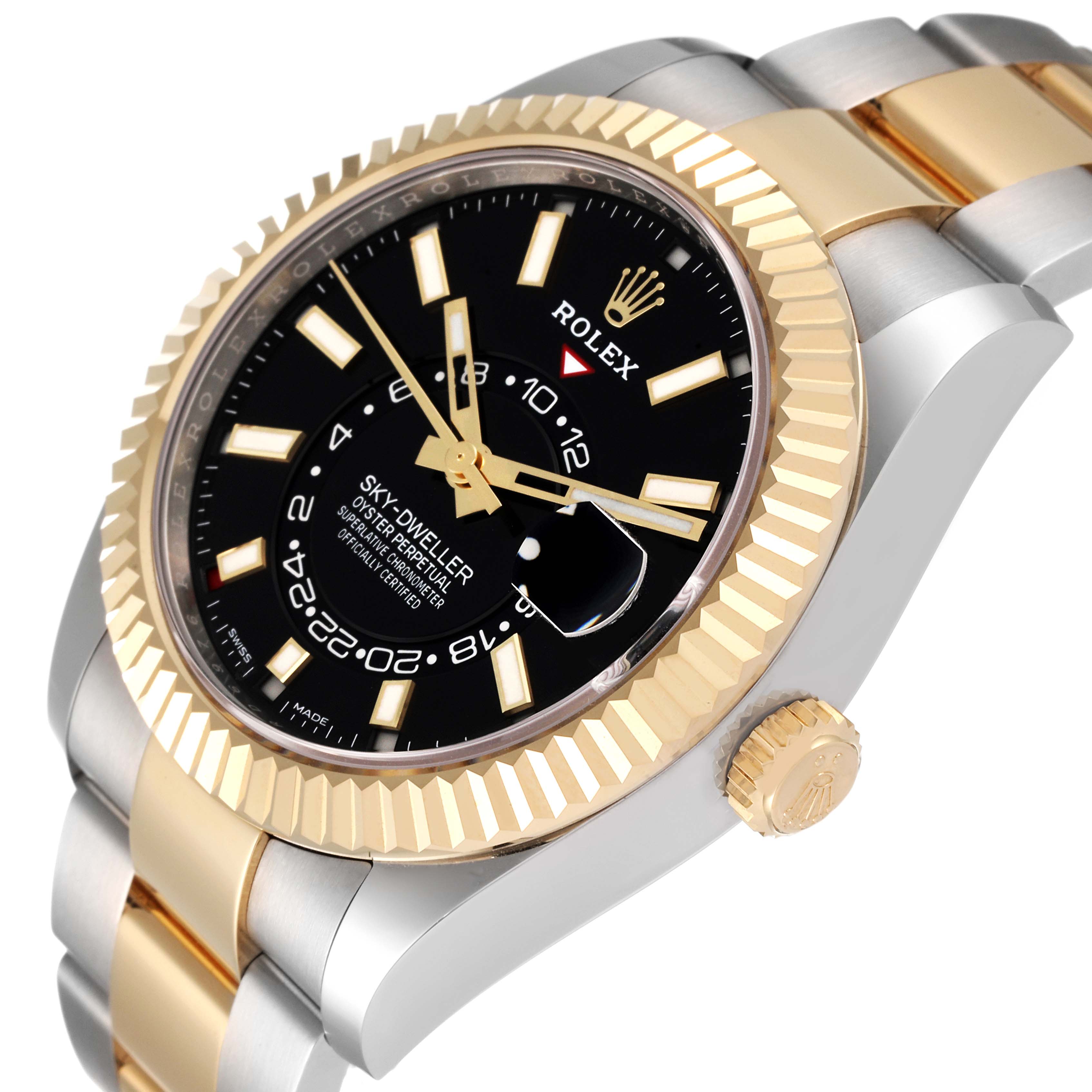 The image shows a Rolex Sky-Dweller 326933 Men's Steel and Gold (two tone) Black Dial 326933 Men's Steel and Gold (two tone) Black Dial watch at an angled side view, highlighting the golden bezel, black dial, and part of the bracelet.