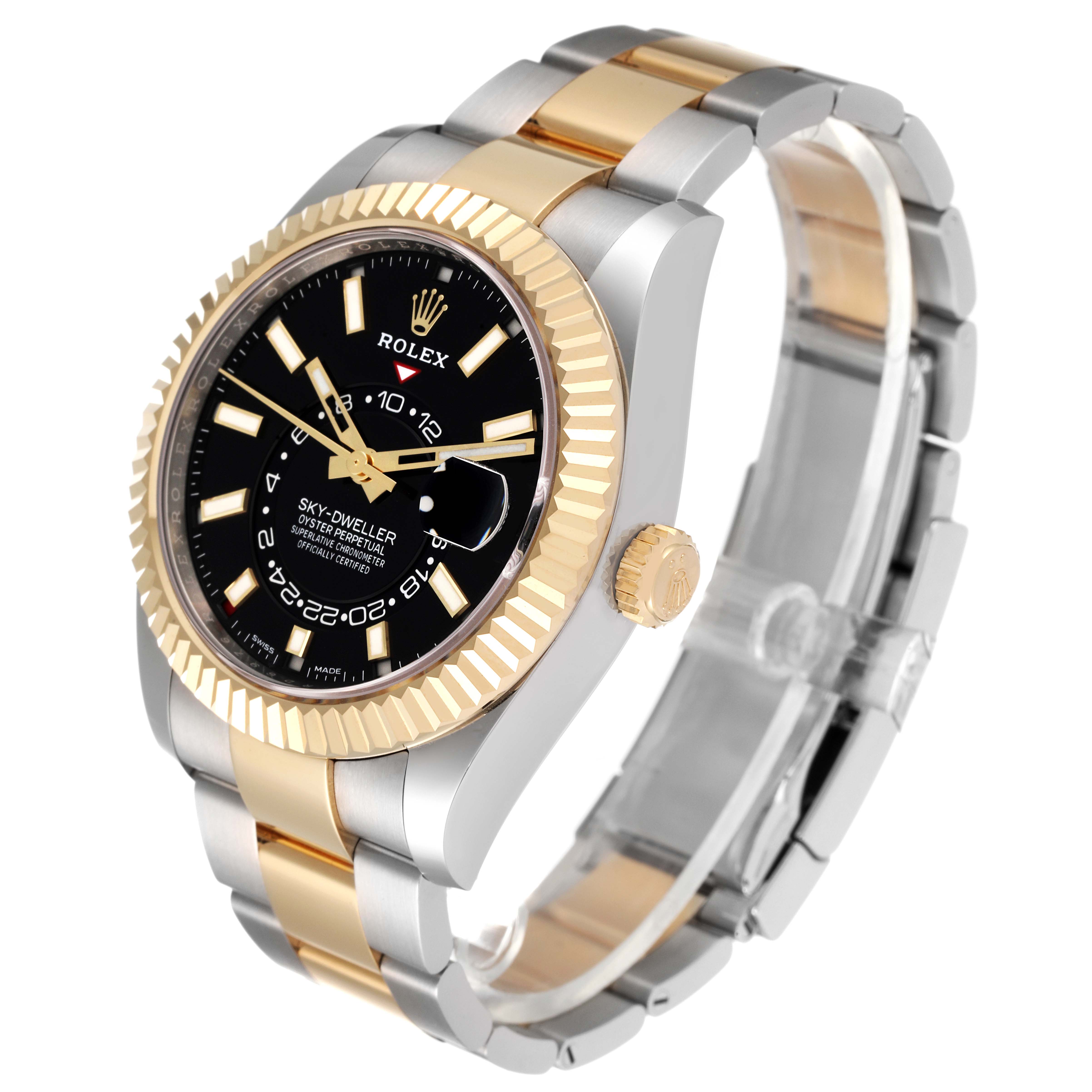 The image shows a side angle view of a Rolex Sky-Dweller 326933 Men's Steel and Gold (two tone) Black Dial 326933 Men's Steel and Gold (two tone) Black Dial, highlighting its two-tone bracelet, black dial, and fluted bezel.