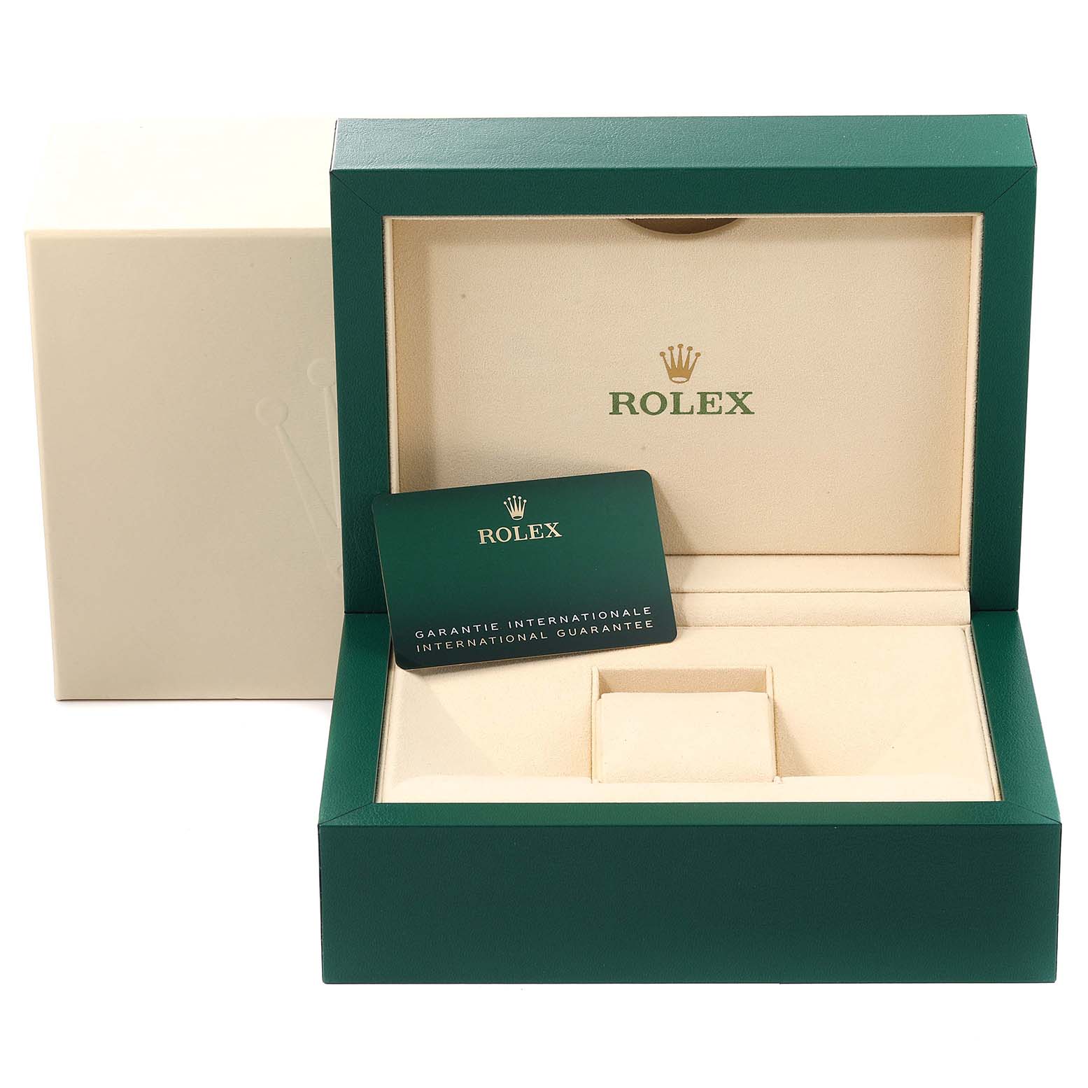 This image shows the green and beige presentation box and international guarantee card for the Rolex Sky-Dweller 326933 Men's Steel and Gold (two tone) Black Dial 326933 Men's Steel and Gold (two tone) Black Dial.