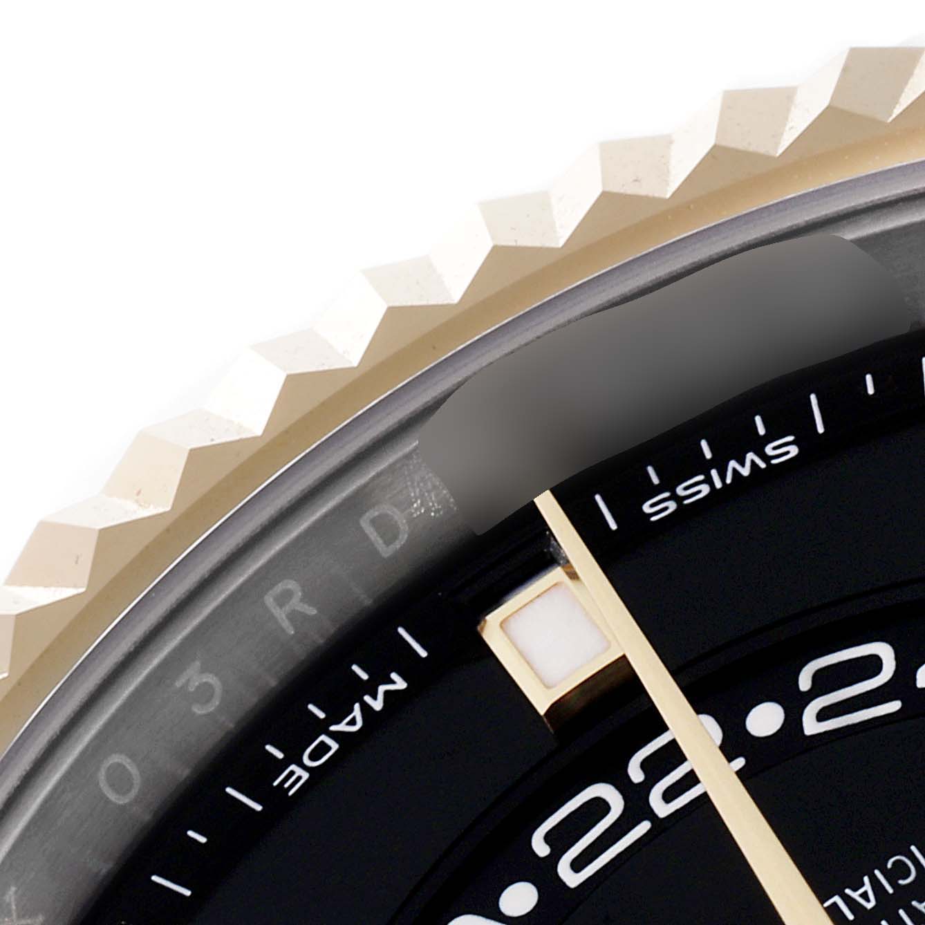 The image shows a close-up of the dial and bezel of a Rolex Sky-Dweller 326933 Men's Steel and Gold (two tone) Black Dial 326933 Men's Steel and Gold (two tone) Black Dial watch at an oblique angle.