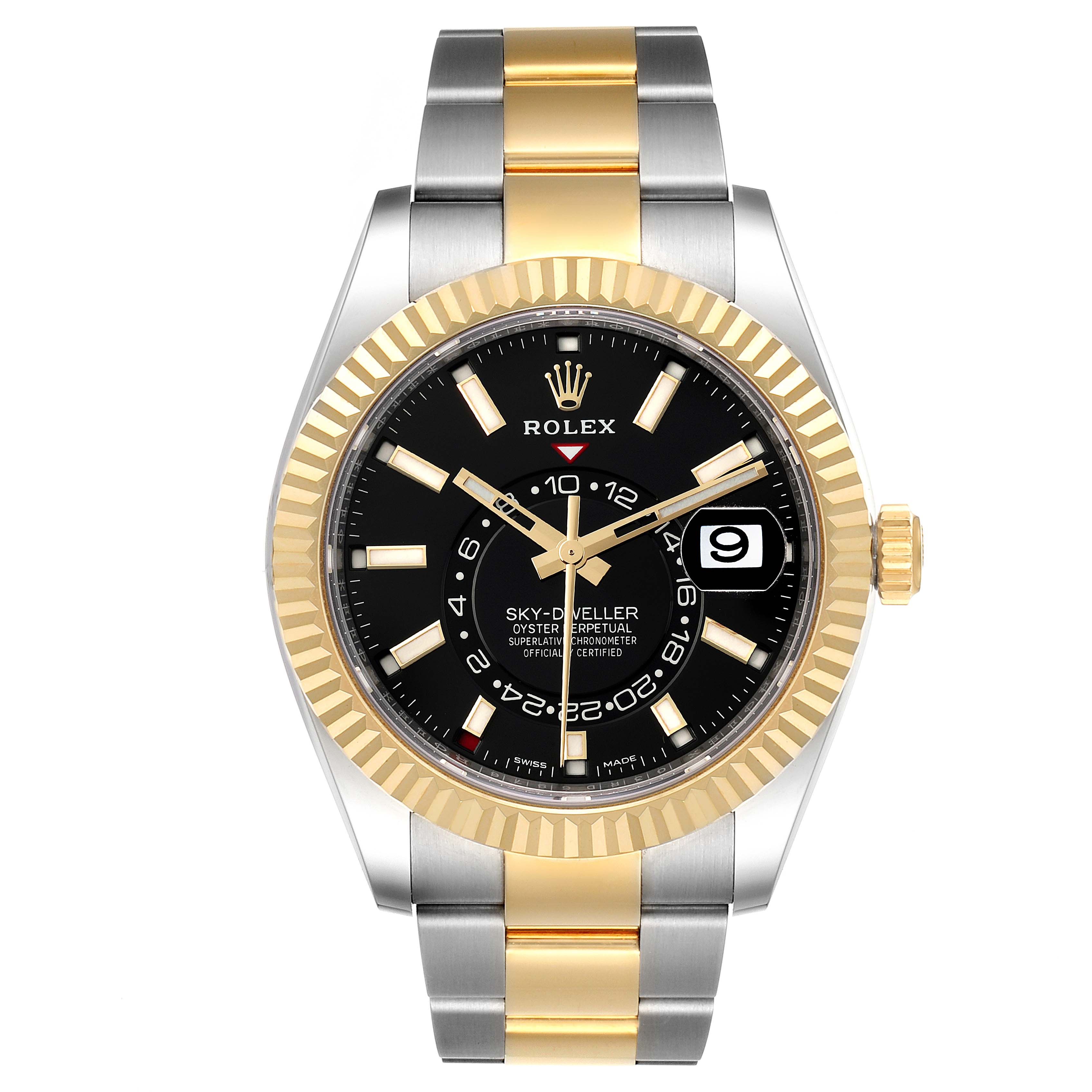 The Rolex Sky-Dweller 326933 Men's Steel and Gold (two tone) Black Dial 326933 Men's Steel and Gold (two tone) Black Dial watch is shown from a front angle, highlighting its black dial, gold and silver bracelet, and fluted bezel.
