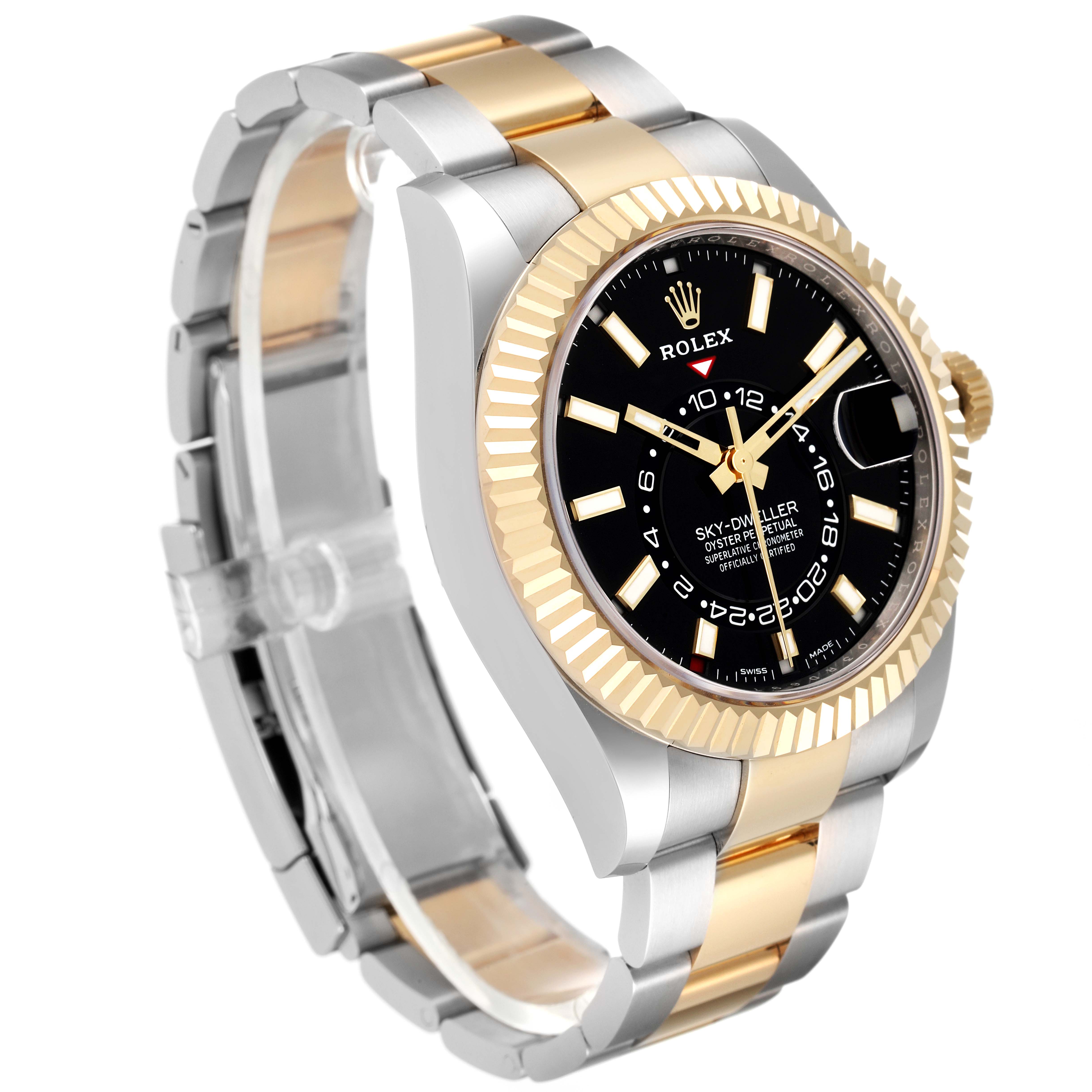The Rolex Sky-Dweller 326933 Men's Steel and Gold (two tone) Black Dial 326933 Men's Steel and Gold (two tone) Black Dial watch is shown at a side angle, displaying the case, bracelet, and part of the dial and bezel.