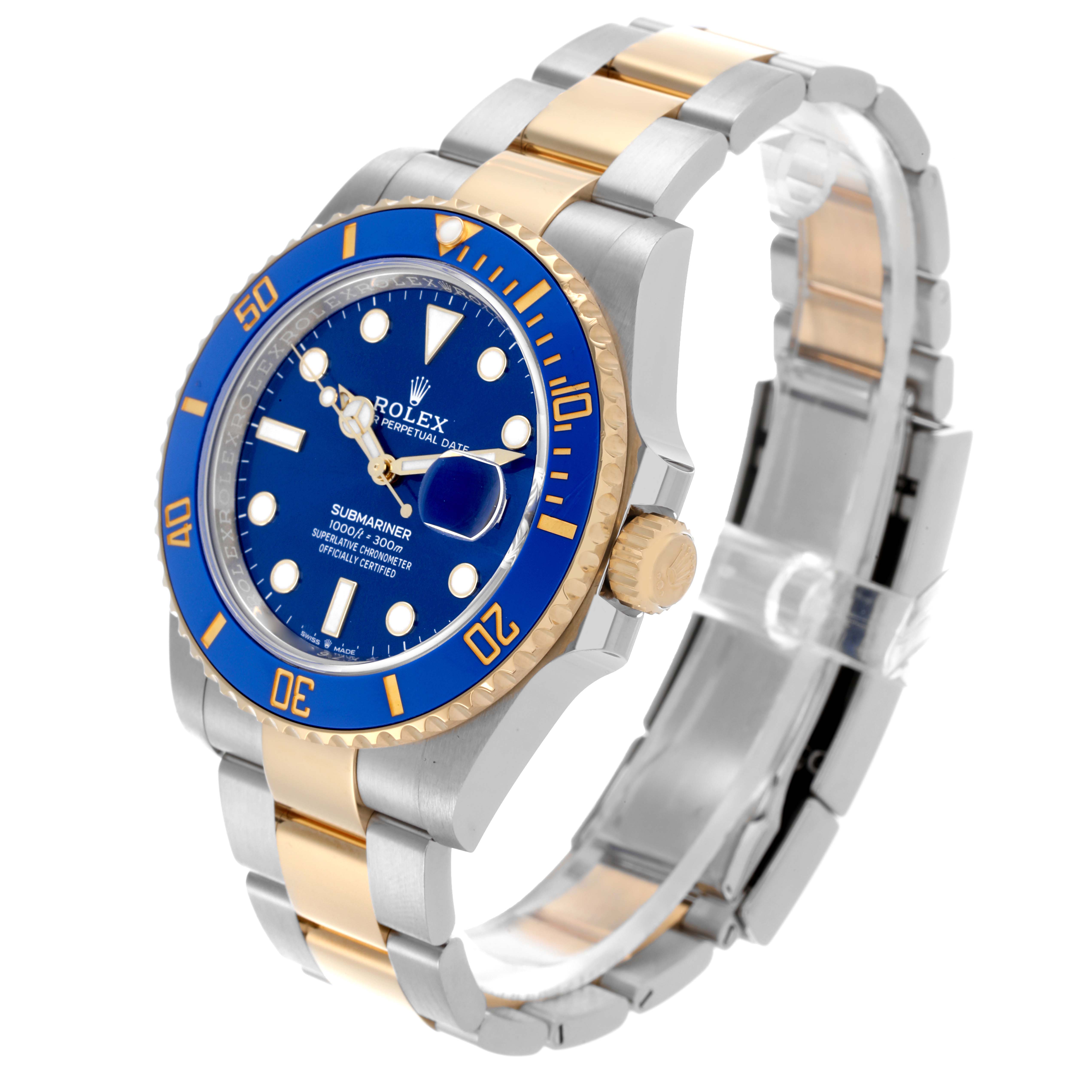 The Rolex Submariner 126613 Men's Steel and Gold (two tone) Blue Dial 126613 Men's Steel and Gold (two tone) Blue Dial watch is shown at a three-quarter angle, highlighting the blue bezel, crown, bracelet, and face.