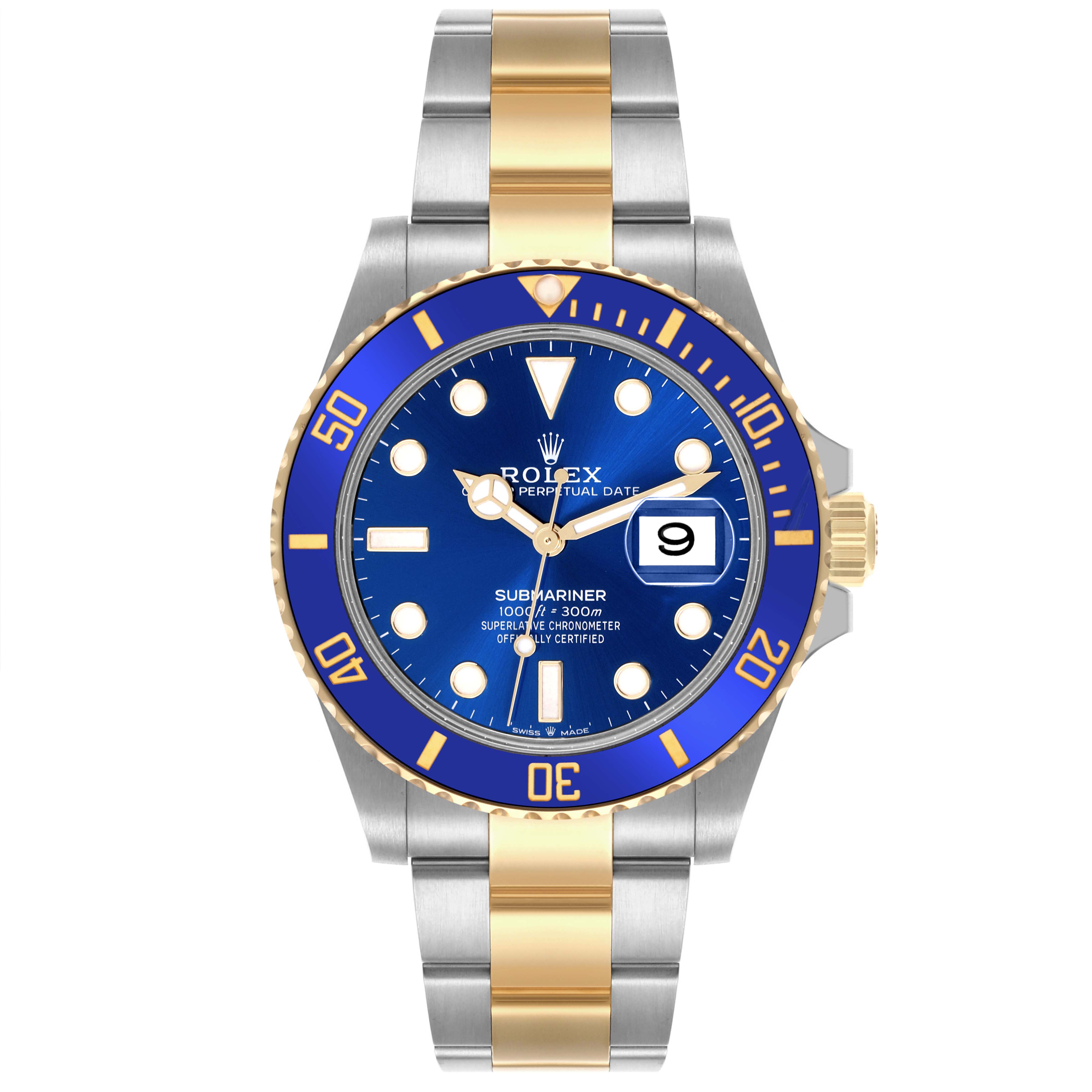 The Rolex Submariner 126613 Men's Steel and Gold (two tone) Blue Dial 126613 Men's Steel and Gold (two tone) Blue Dial watch is shown from a front angle, displaying the face, bezel, and bracelet.
