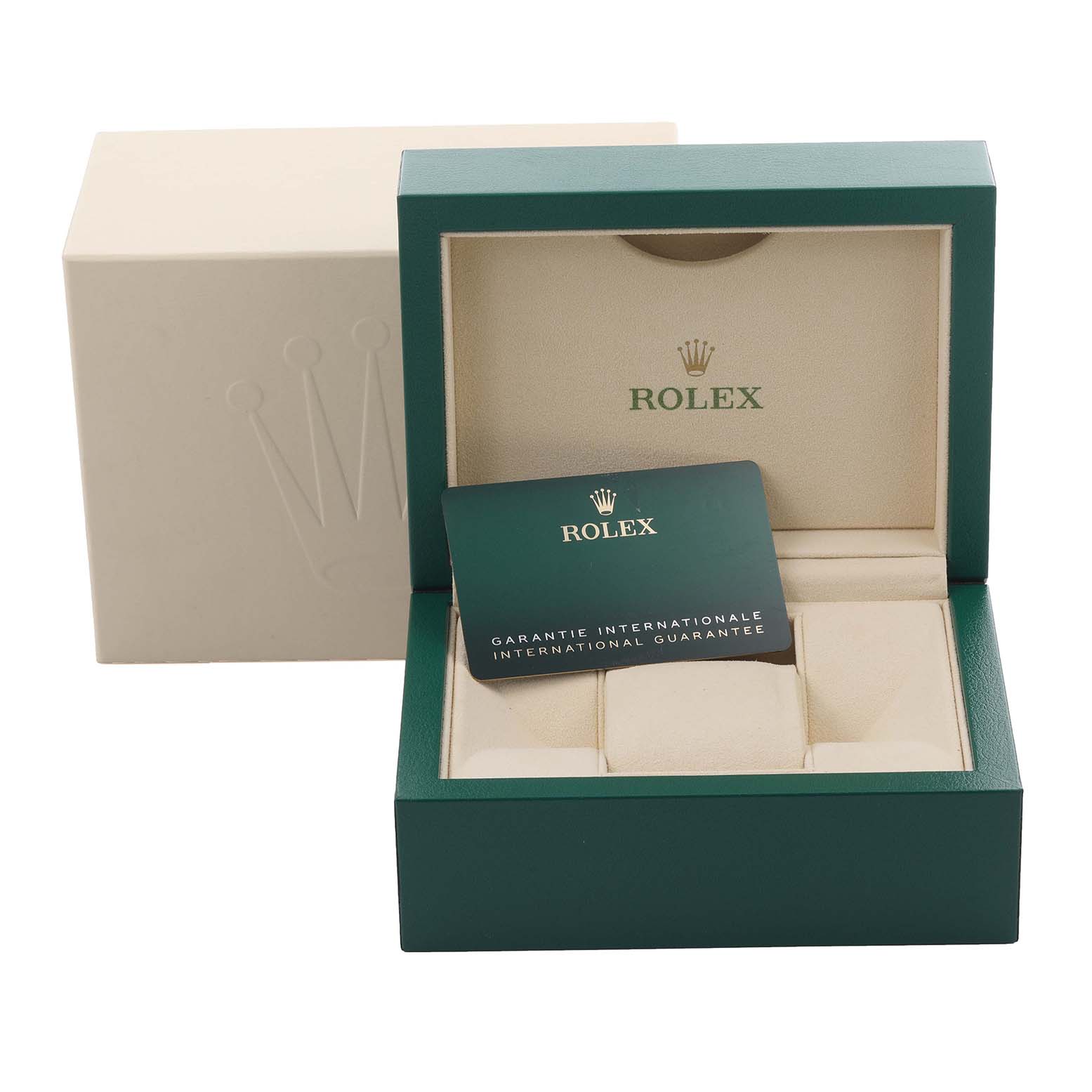 The image shows a Rolex Submariner 126613 Men's Steel and Gold (two tone) Blue Dial 126613 Men's Steel and Gold (two tone) Blue Dial box and certification card from a frontal angle.