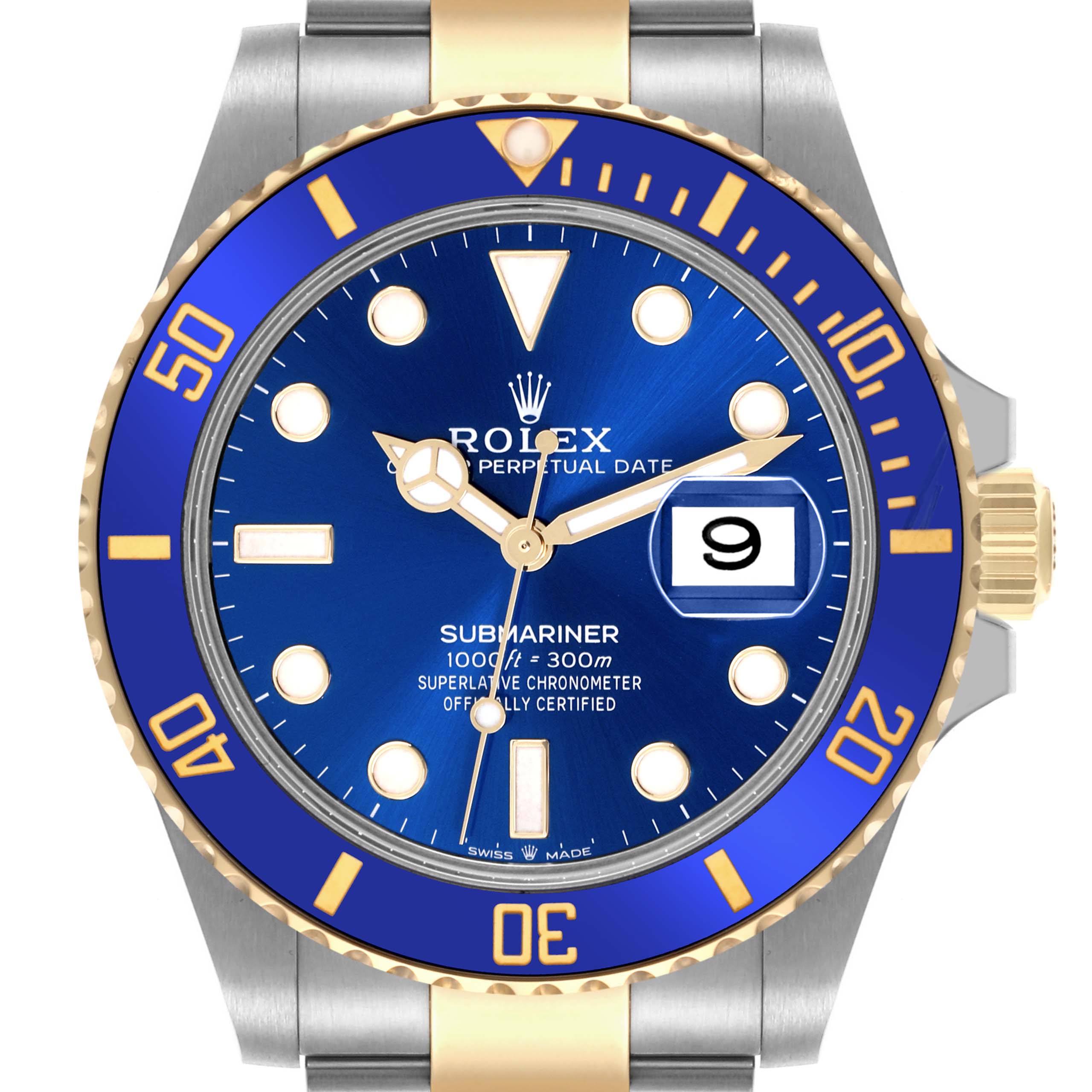 The Rolex Submariner 126613 Men's Steel and Gold (two tone) Blue Dial 126613 Men's Steel and Gold (two tone) Blue Dial watch is shown from the front, displaying its face, bezel, and partial bracelet.